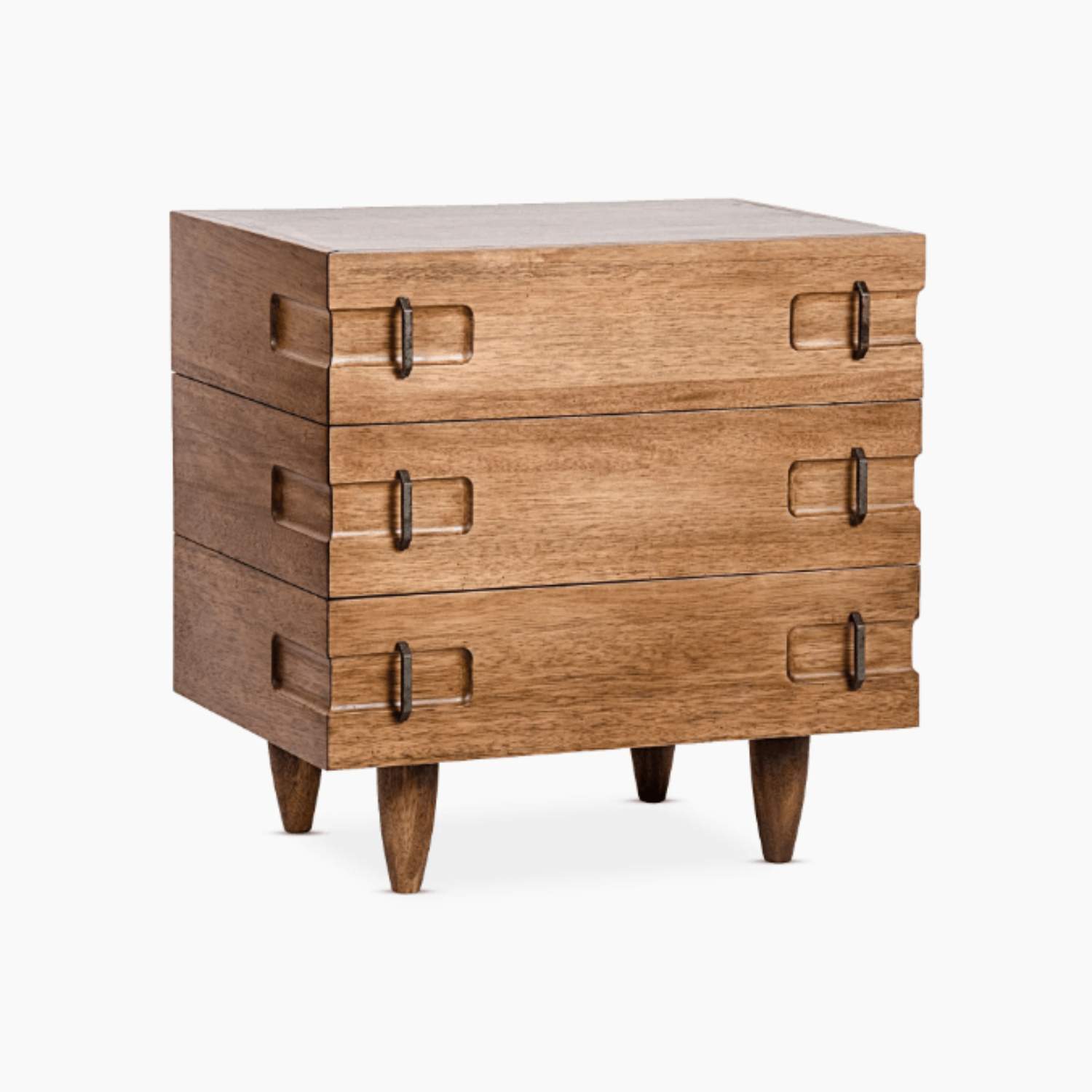 Solid oak three-drawer nightstand with recessed rectangular drawer fronts, antique brass loop handles and tapered wood legs in a natural oak finish.