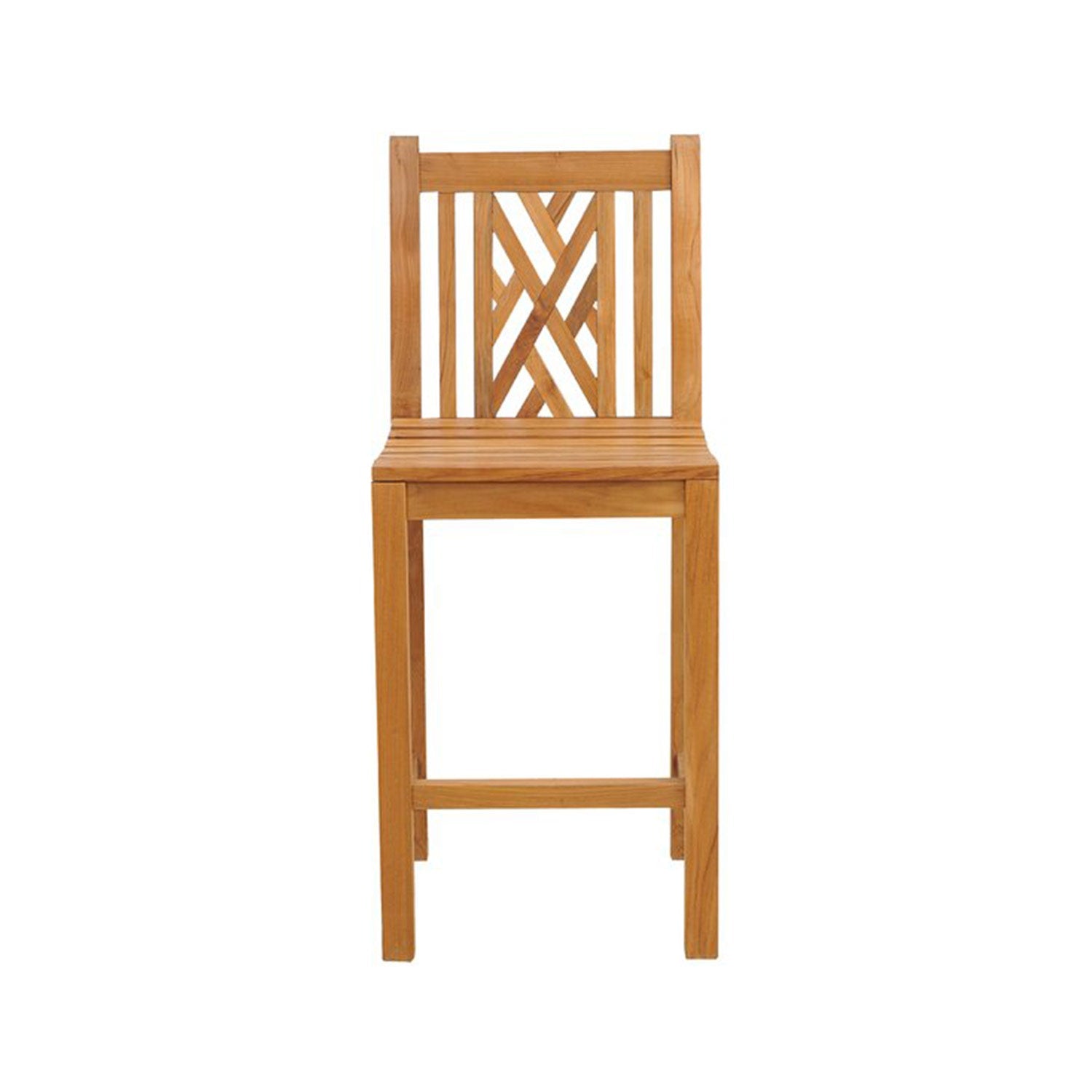 Armless teak outdoor bar stool in a natural finish with a slatted seat, geometric lattice backrest, square legs and a front footrest, photographed against a white background.