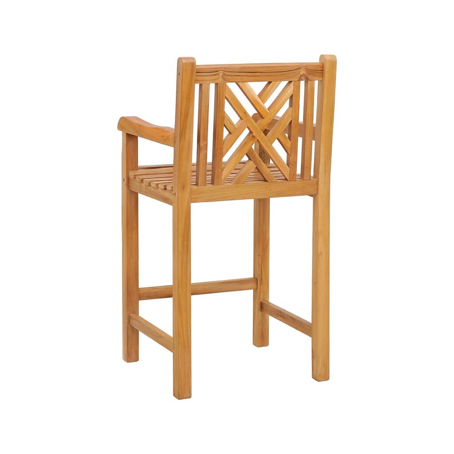 Natural teak outdoor bar stool in a coastal style with a slatted seat, crossed X-lattice back, short armrests, solid wood frame and integrated footrest, shown in a warm natural teak finish.