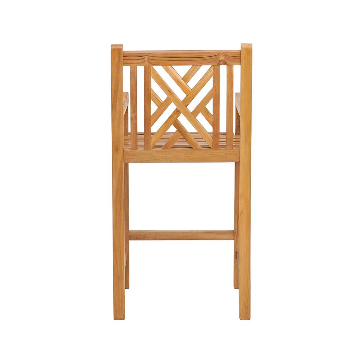 Rear view of a natural teak outdoor bar stool in coastal style, solid wood construction with a slatted seat, geometric lattice back, short armrests, square legs and a front footrest.