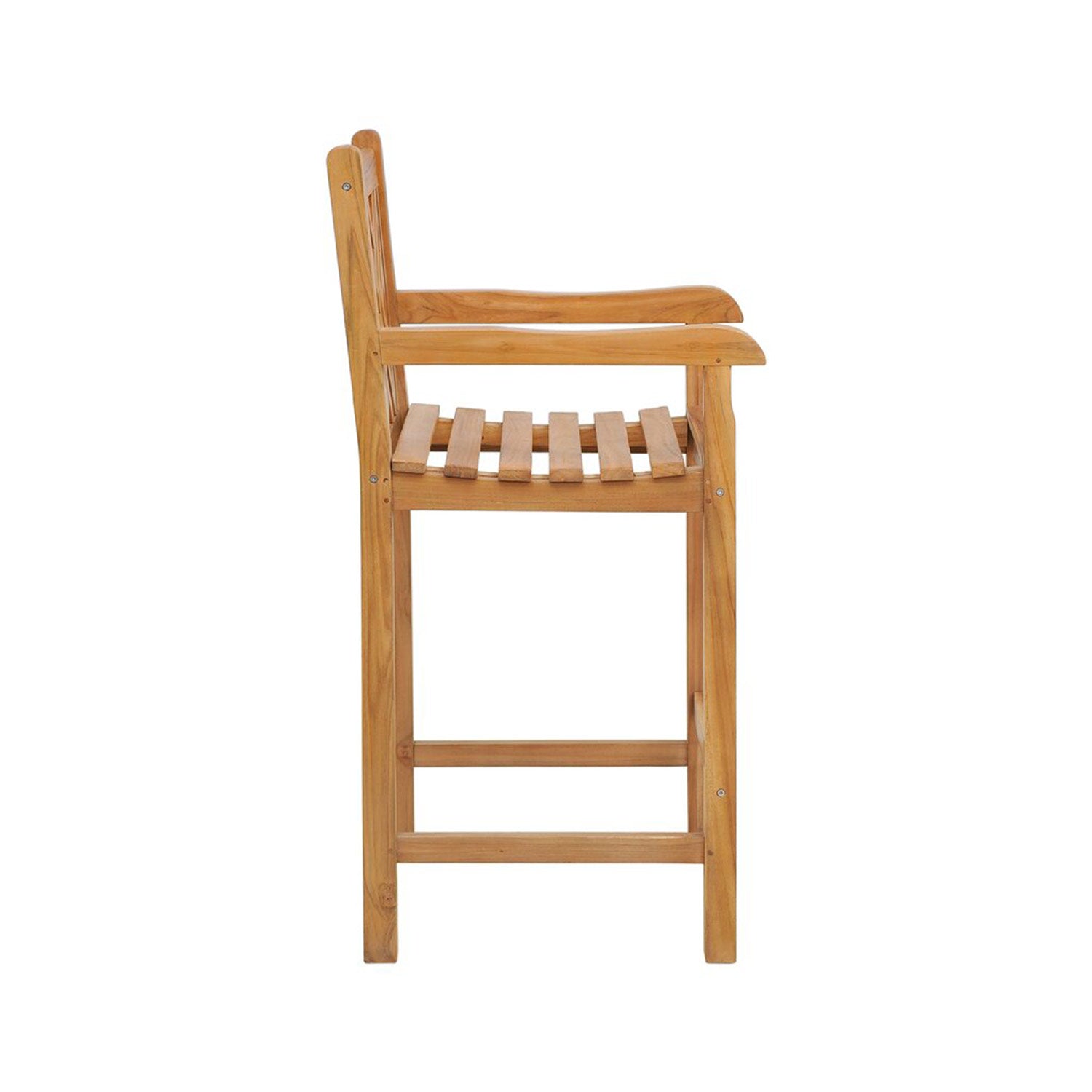 Side view of a natural teak outdoor bar stool with slatted seat, curved armrests, low slatted back and dual footrest bars, crafted from solid wood in a coastal style.