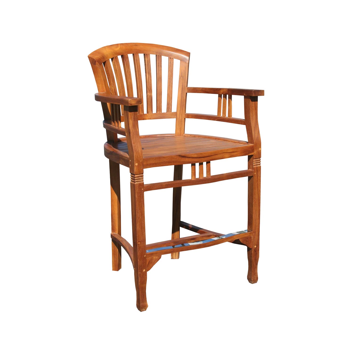 Solid teak outdoor bar stool in warm natural finish with a curved slatted back, wooden arms, contoured seat and built-in footrest, coastal-style design shown on a white background.