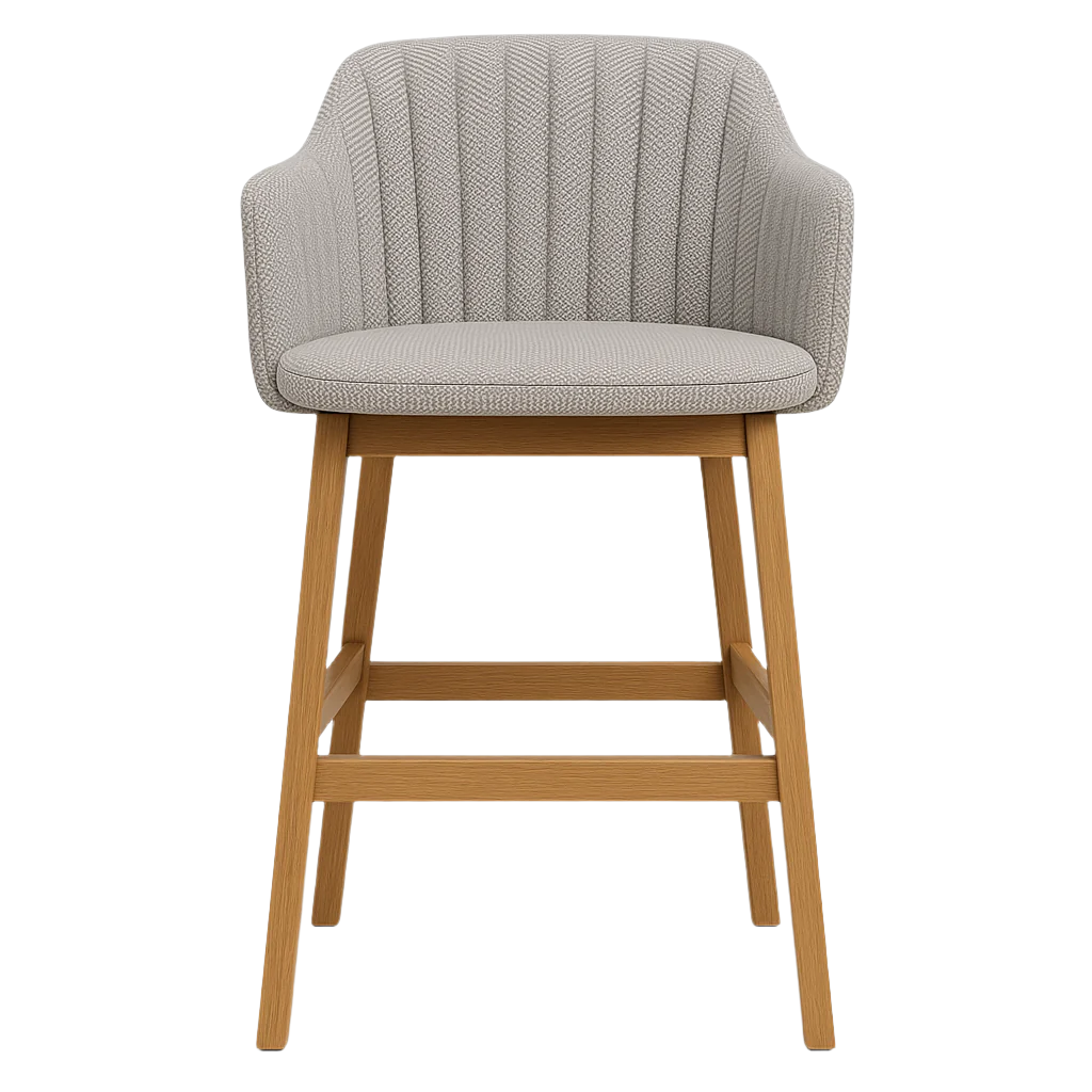 Front view of a modern coastal counter stool with a teak solid wood four-leg base and light gray fabric upholstery, featuring a channel-stitched curved back, integrated arms and wood footrest.