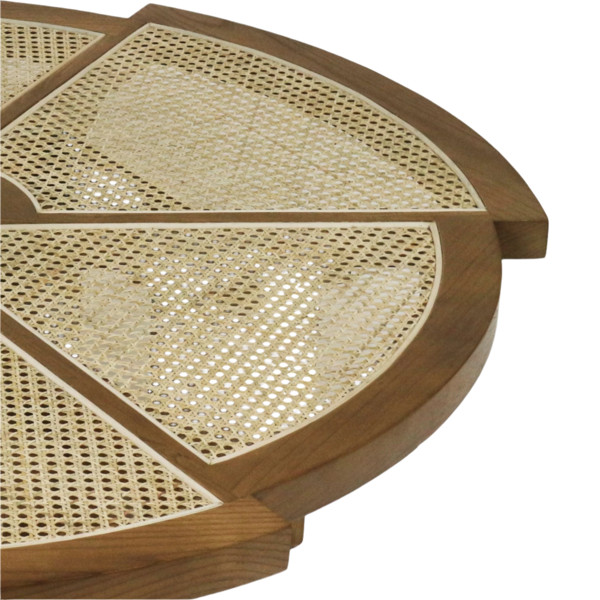 Close-up of a round natural wood coffee table top featuring woven cane inset panels and a segmented solid wood frame in a light natural blonde finish.
