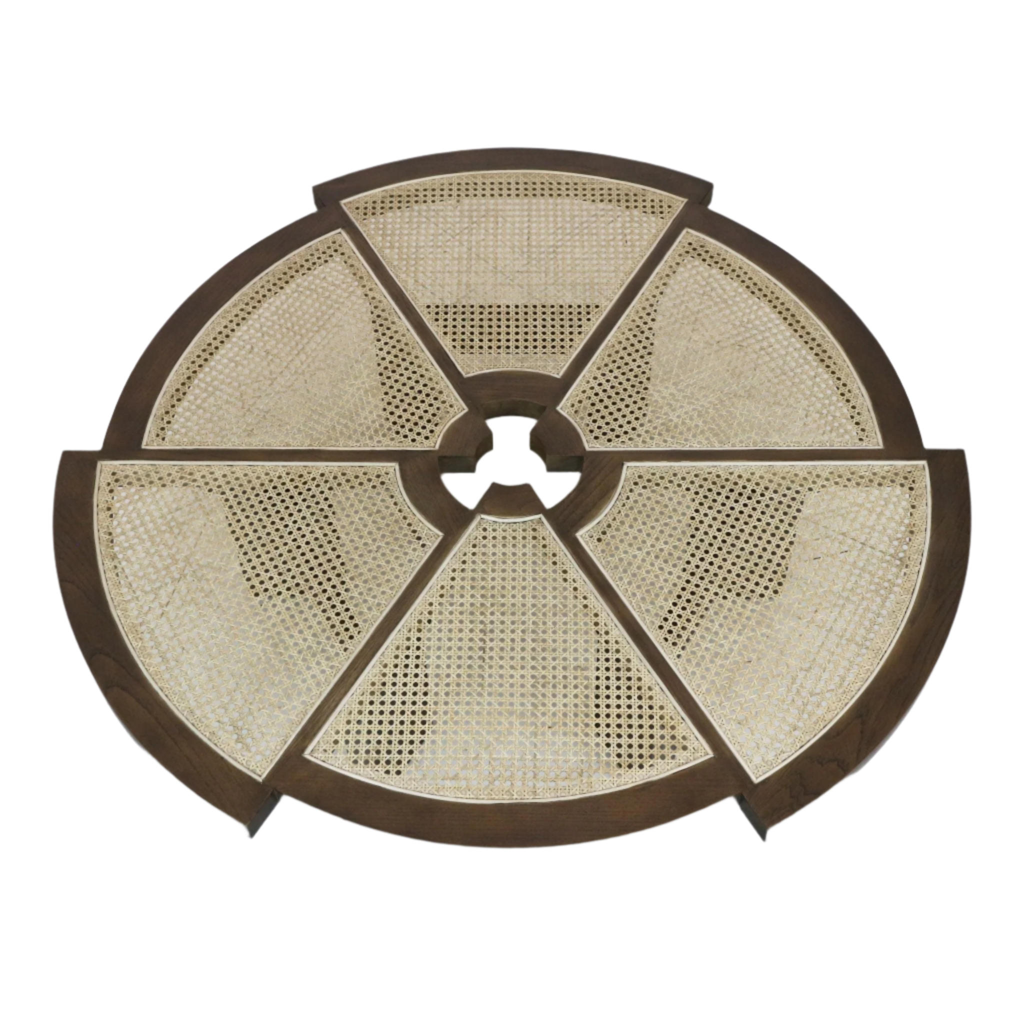Top view of a round coffee table top with six natural cane panels set in a dark mahogany solid wood frame, radial segmented design and a small circular center cutout, showing modern natural wood and rattan styling.