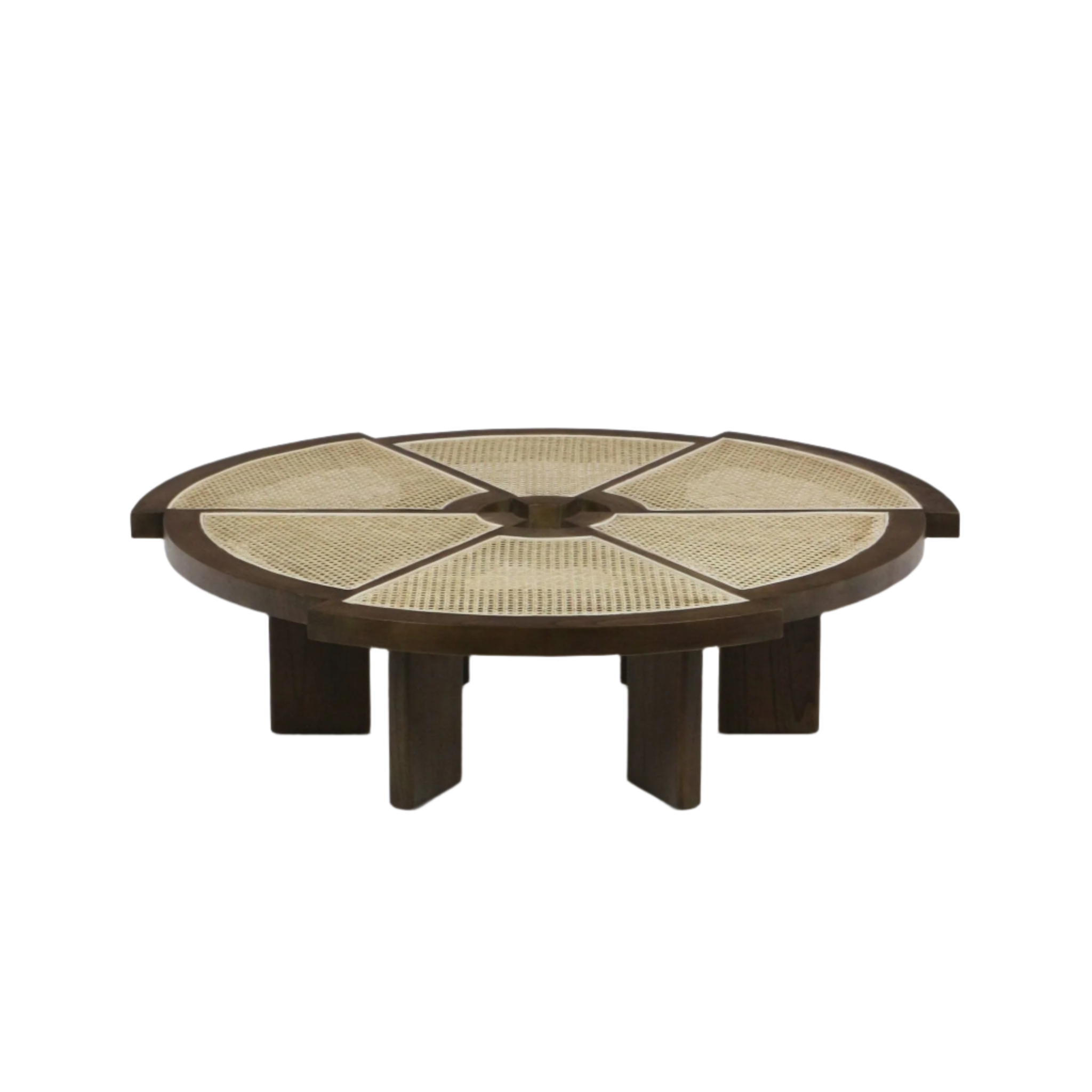 Low-profile round coffee table in dark wood with a segmented radial top of woven natural cane panels set into a thick wood rim, supported by chunky rectangular legs for a modern mid-century look.