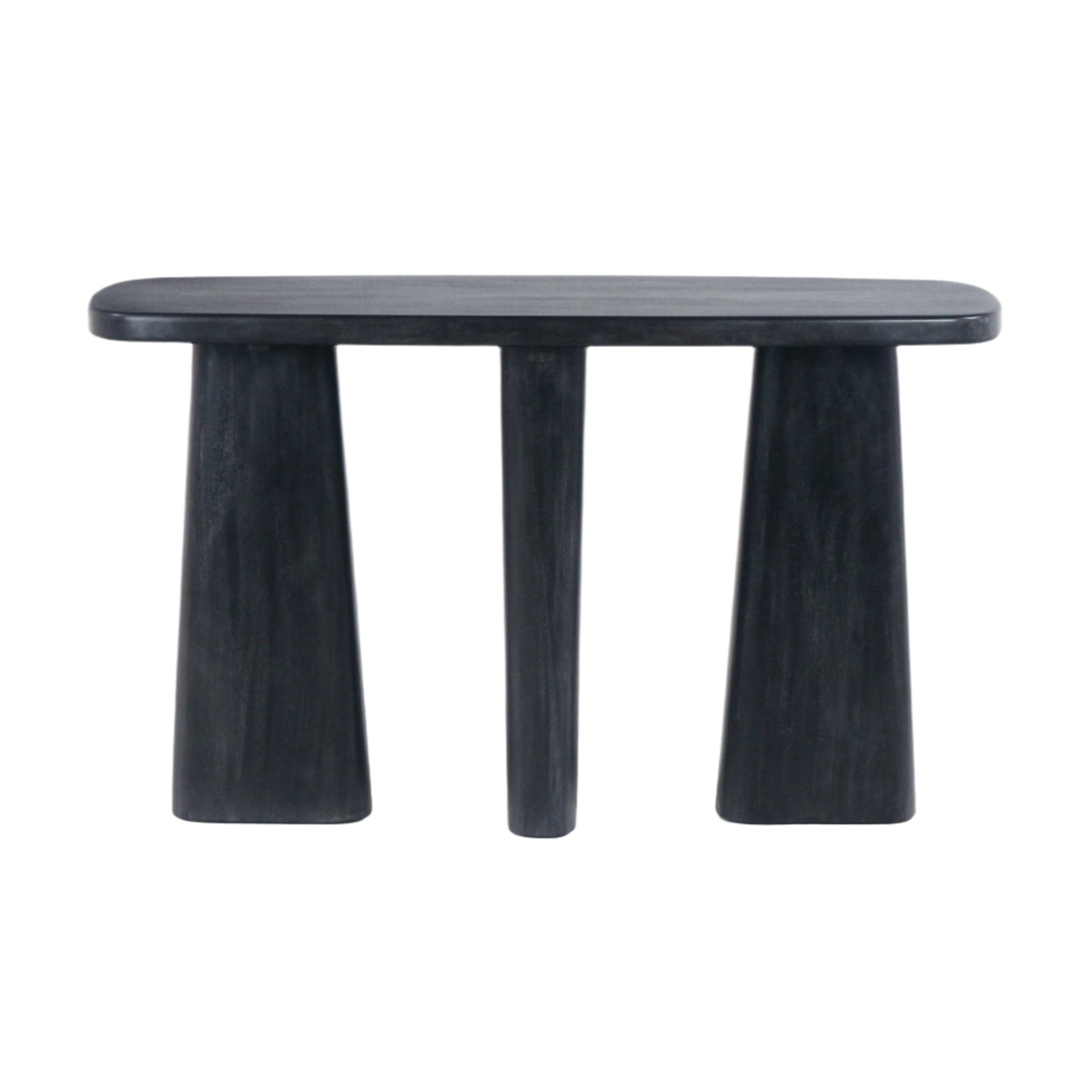 Minimalist black solid wood console table with a rounded rectangular top supported by two wide tapered outer legs and a central cylindrical leg, shown on a white background.