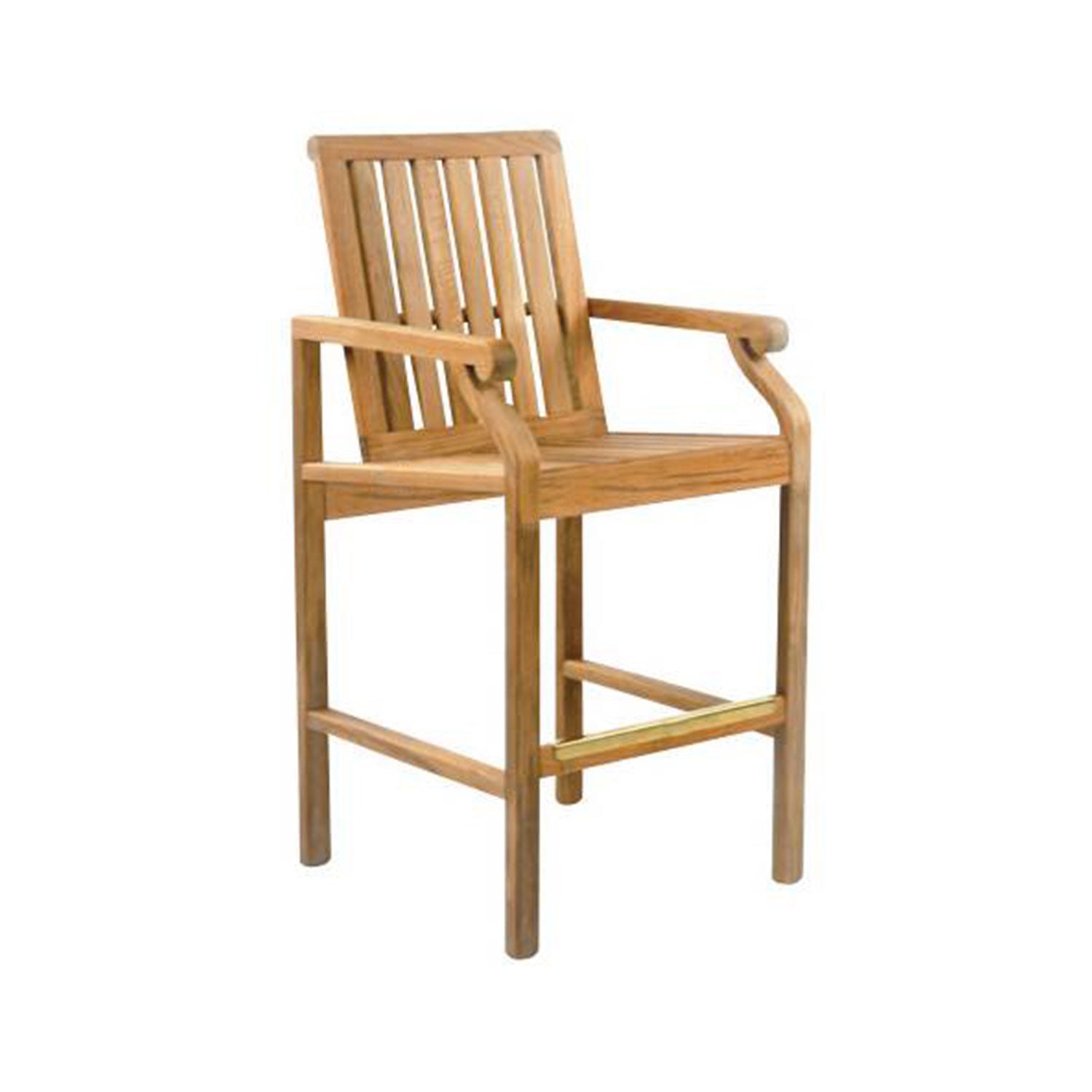 Natural teak outdoor bar stool with slatted back, integrated wooden arms and solid seat, coastal-style finish and a metal footrest plate for counter-height seating.