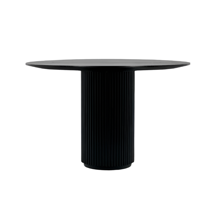 Round teak dining table in a smoked black finish with a thin circular top and a vertically fluted cylindrical pedestal base, photographed on a white background