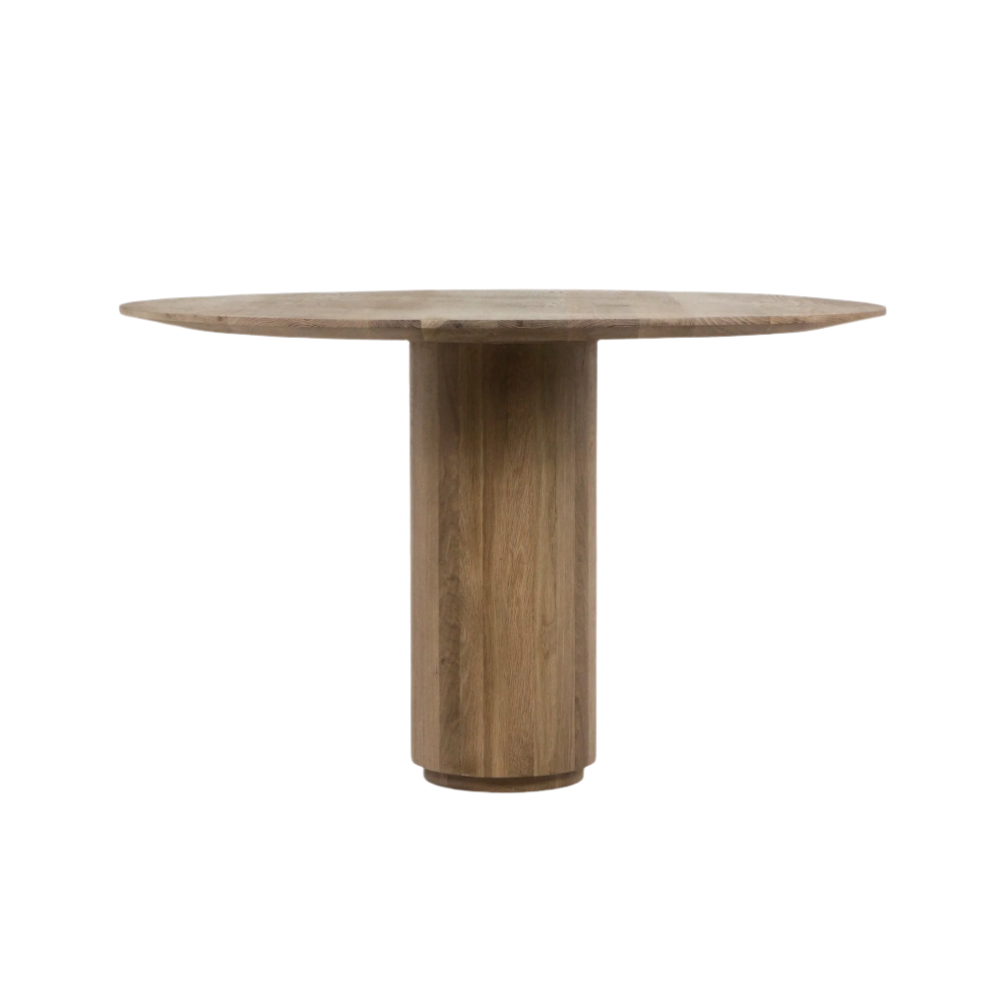 Round dining table in natural teak finish with a slim solid-wood top and a cylindrical pedestal base, mid-century modern style, shown against a white background.