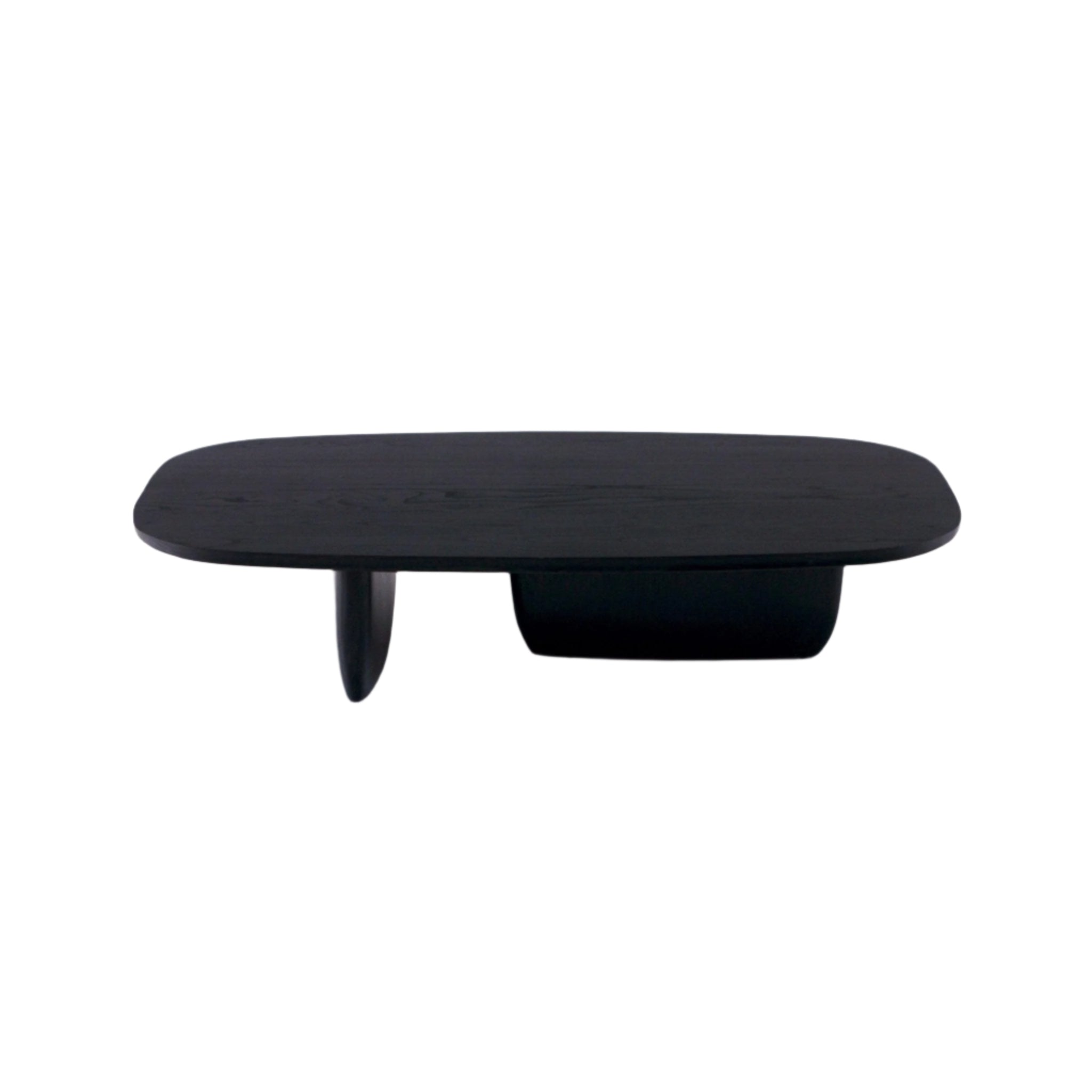 Low modern black lacquer solid wood coffee table with a rounded rectangular top and asymmetrical supports — a tapered peg leg and a curved rectangular pedestal — shown on a white background.