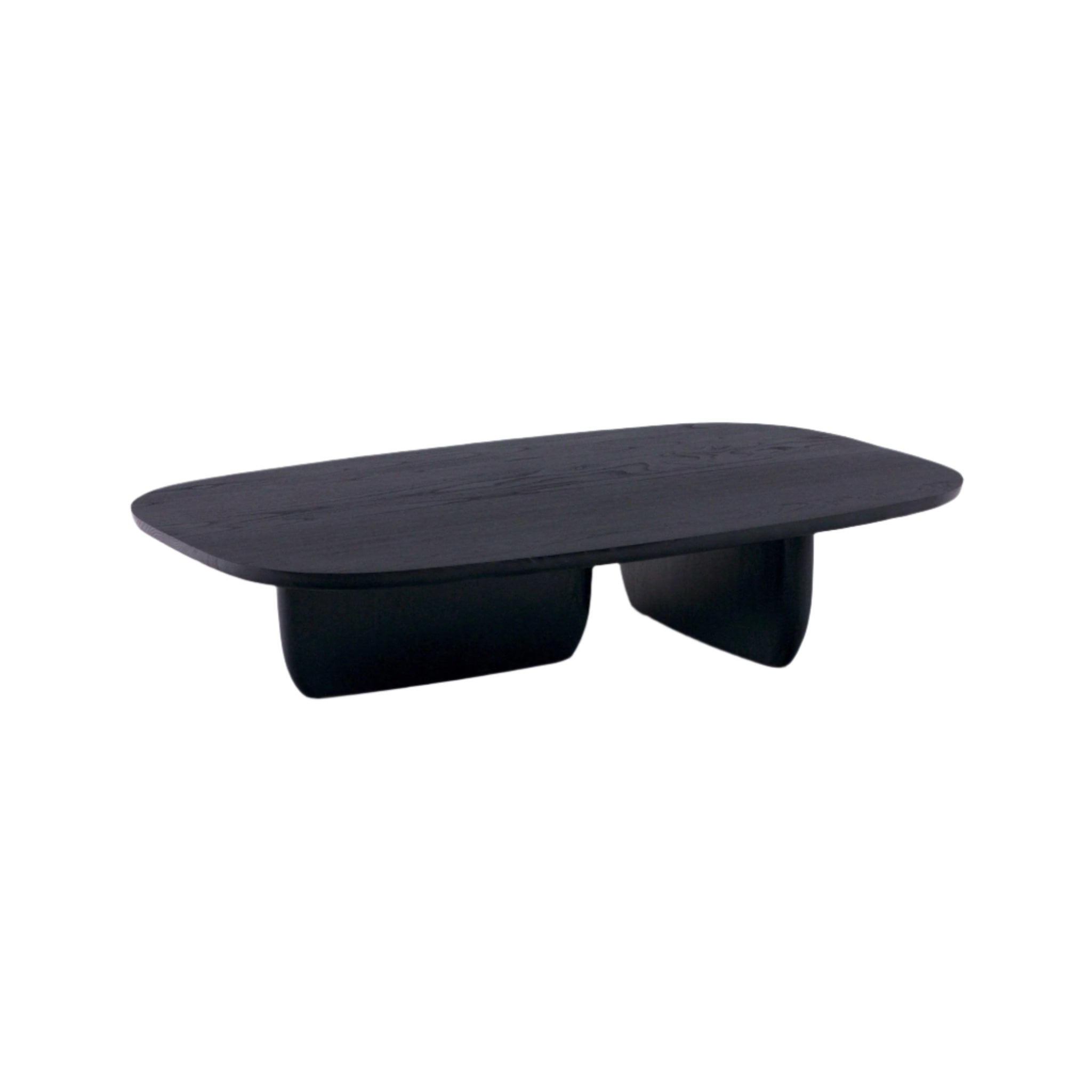 Low modern smoked-black solid wood coffee table with an oval top and two curved pedestal bases, shown on a white background.