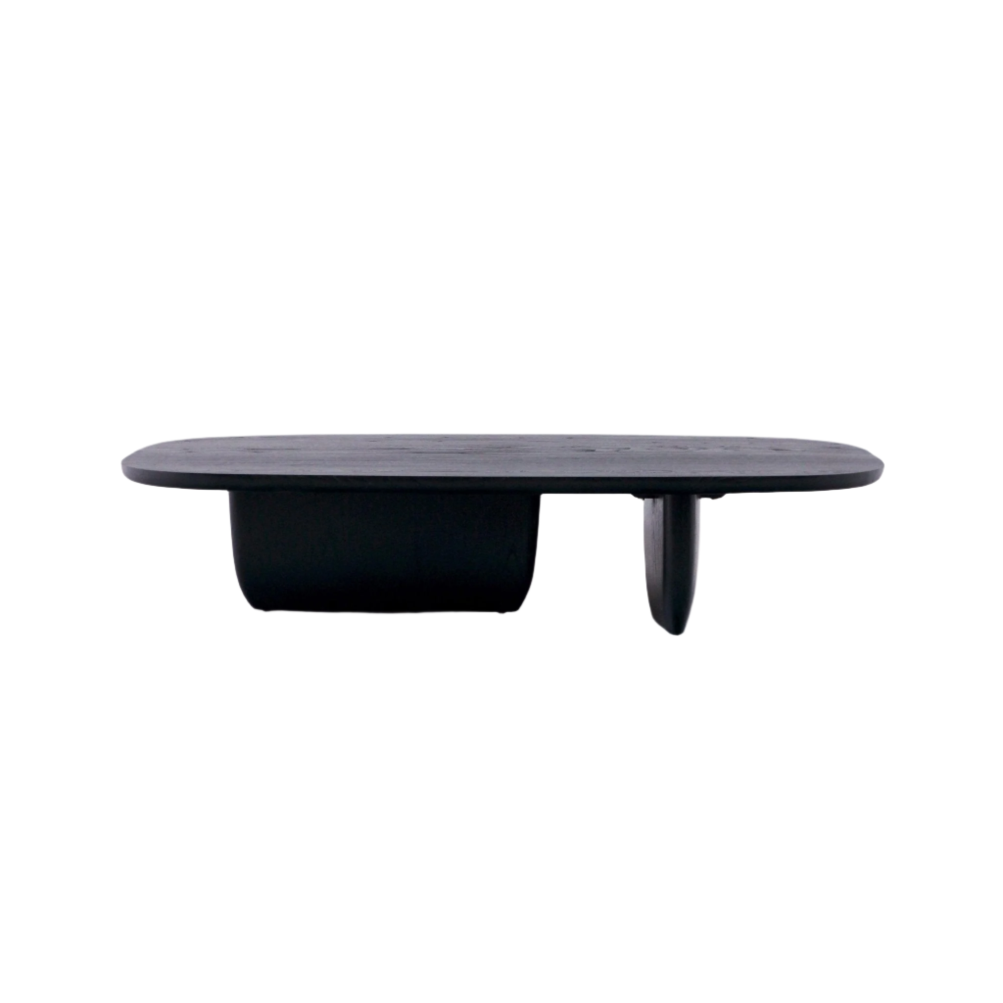 Low smoked-black solid wood coffee table with a rounded rectangular top and two sculptural pedestal supports, minimalist modern silhouette shown on a white background.
