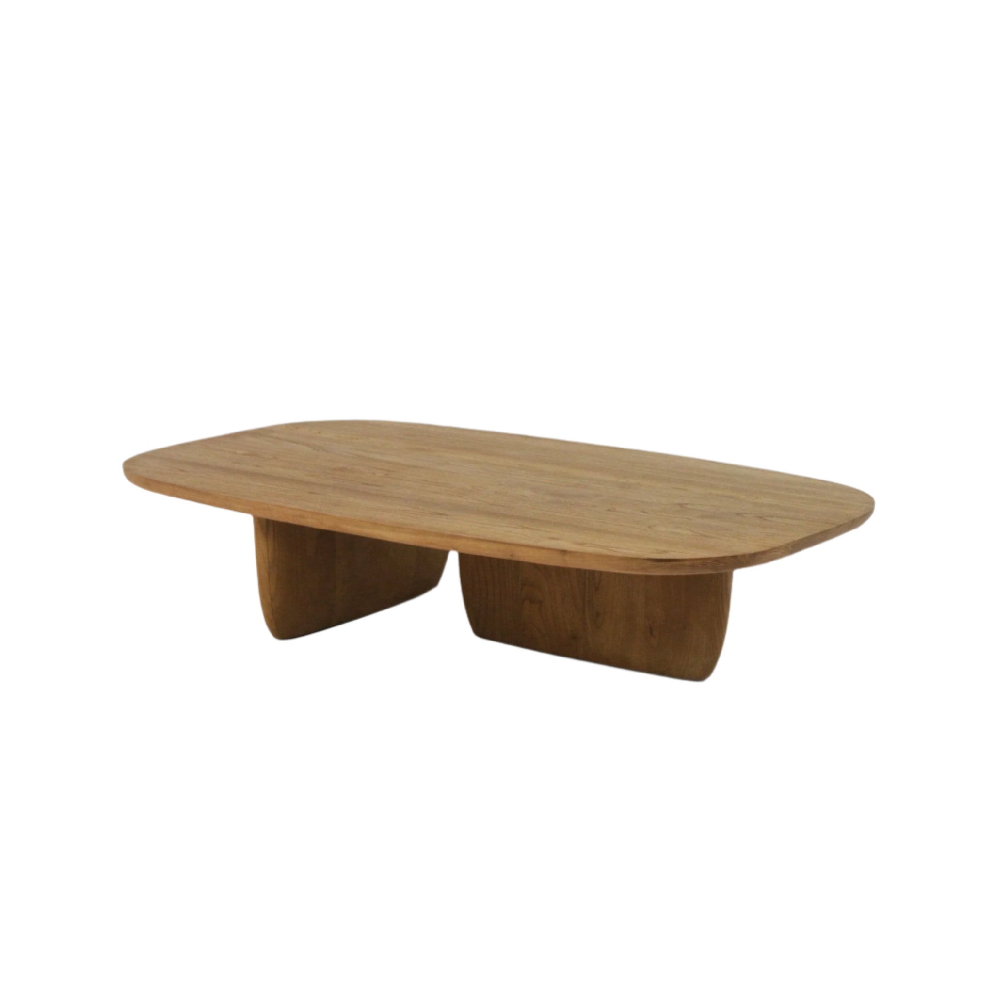 Modern low-profile oval coffee table made from natural solid wood with rounded edges and two wide curved pedestal bases, photographed on a plain white background.