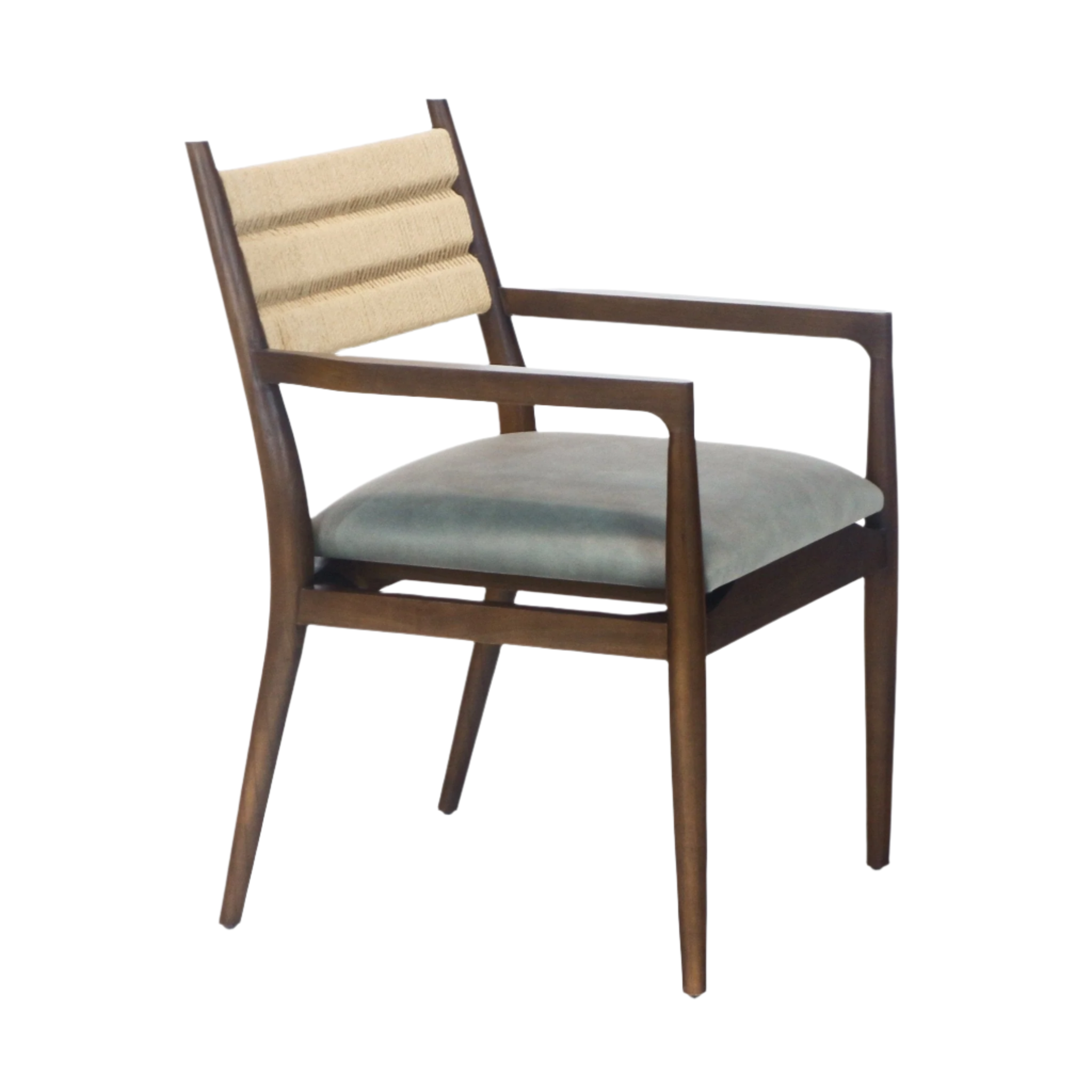 Mid-century modern dining chair with a warm wood frame, tan rope-wrapped backrest and a blue faux-leather cushioned seat, featuring slim tapered legs and open wooden arms.