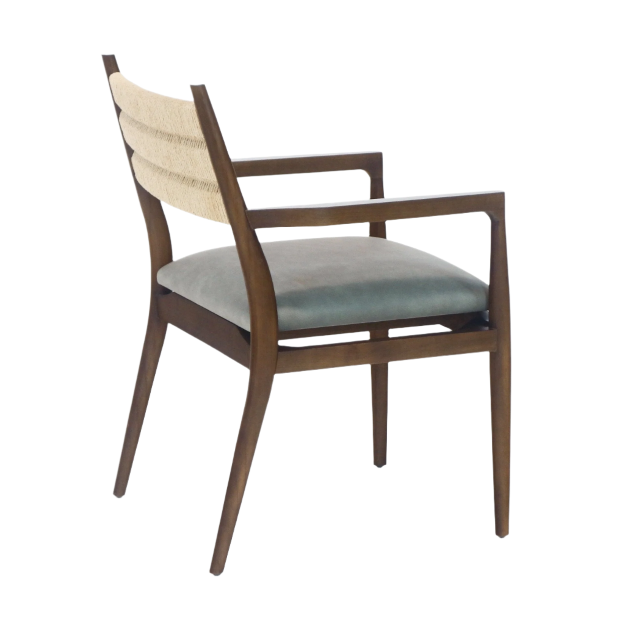 Mid-century style wooden dining chair with walnut-finish tapered legs and arms, natural woven rope backrest and a cushioned blue leather seat.