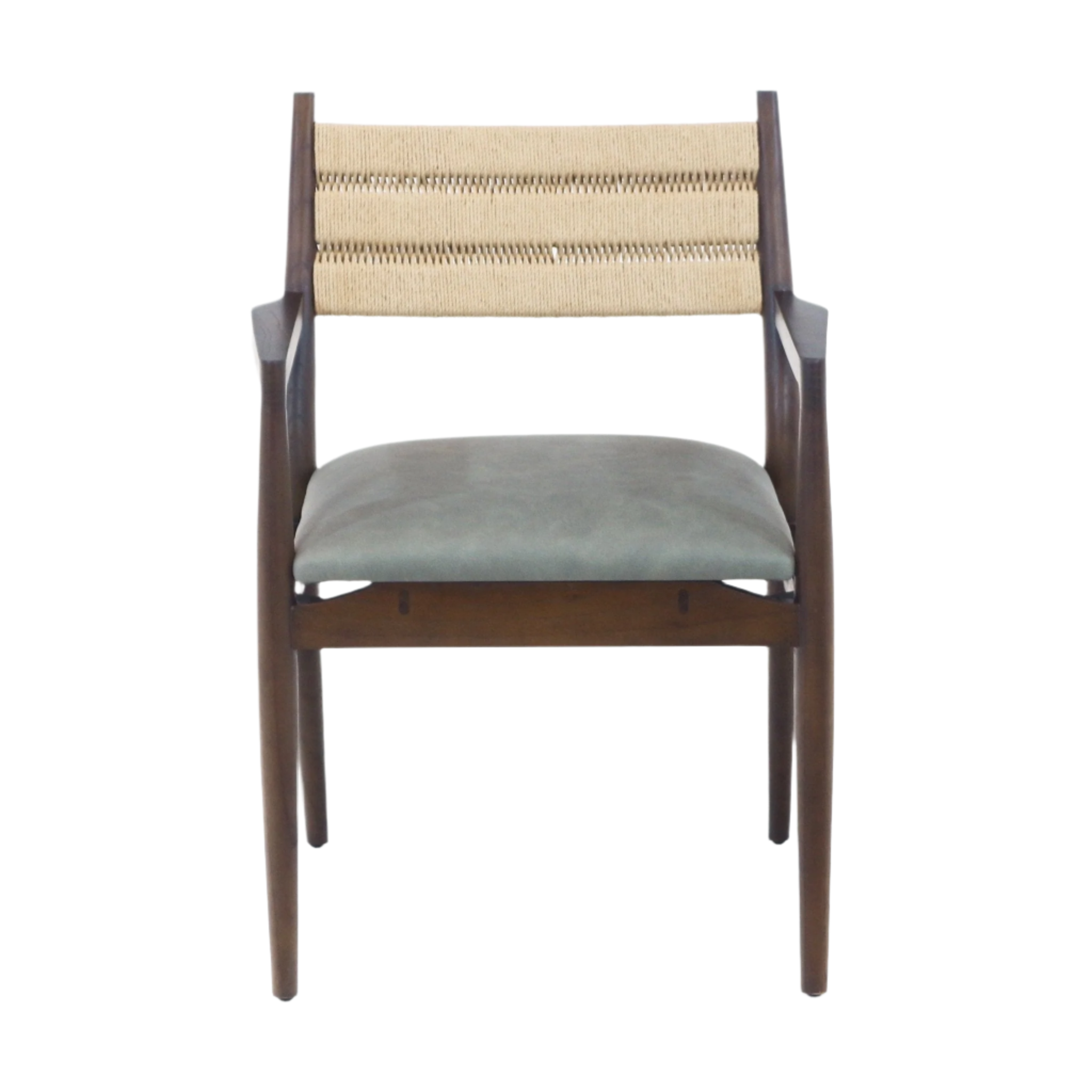 Front view of a coastal mid-century dining chair with a natural woven rope backrest, blue leather seat cushion and dark wood frame with slim arms and tapered legs.