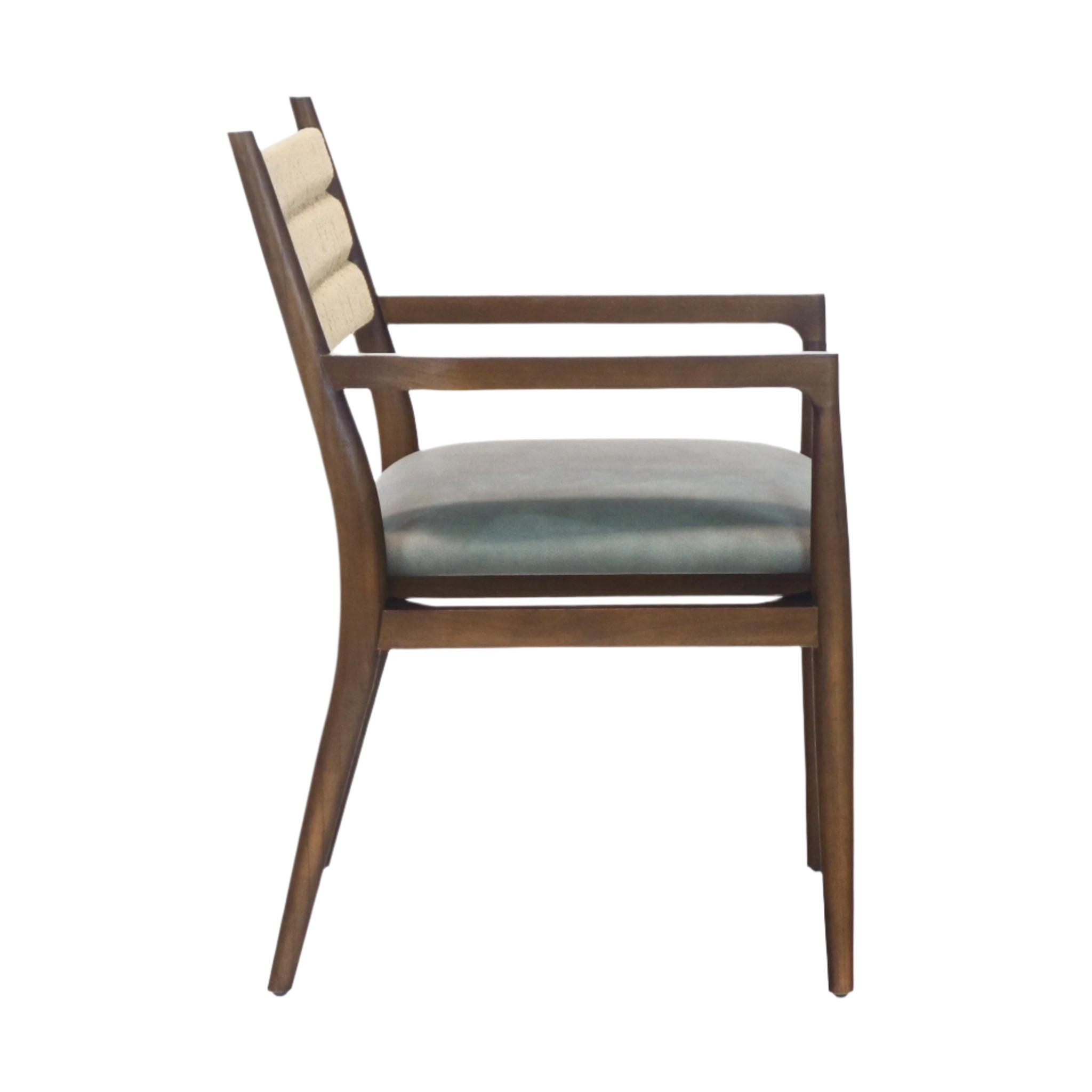 Side profile of a mid-century modern dining chair with a natural wood frame, blue leather seat cushion, tan rope backrest, and slender tapered legs and armrests.