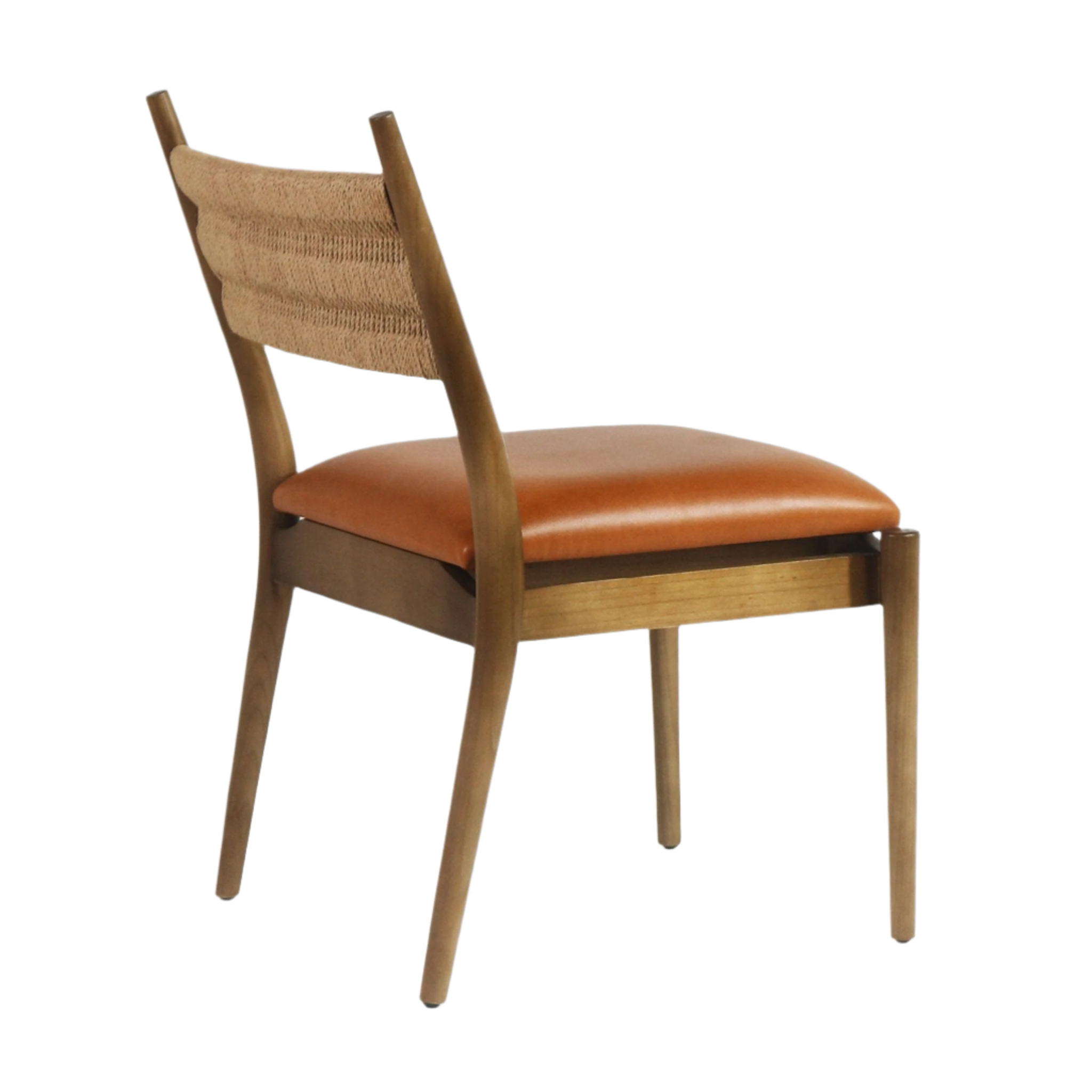 Armless coastal dining chair with a warm caramel faux-leather seat, woven natural rope back and tapered solid wood frame in a mid-tone finish.