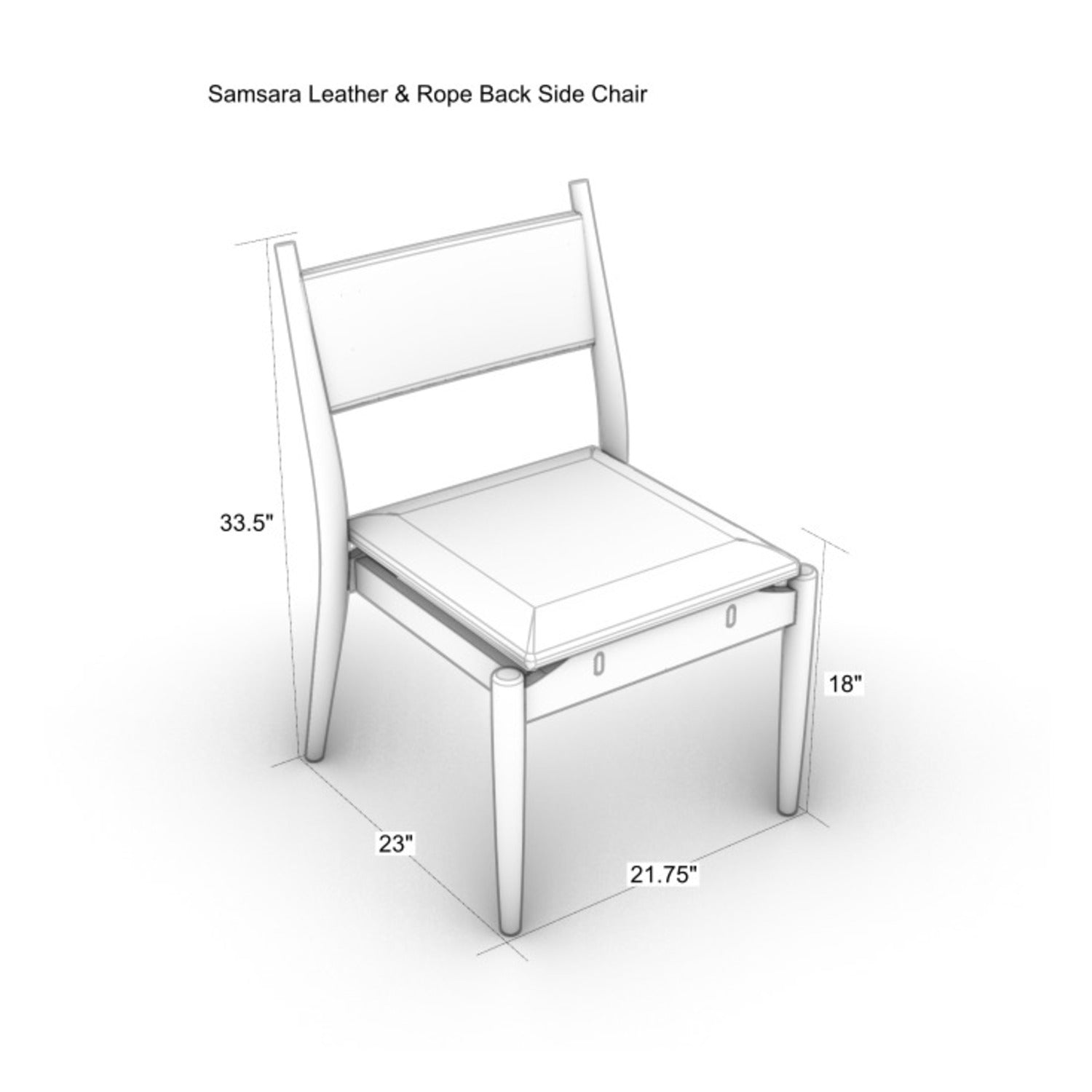 Dimensioned line drawing of a coastal-style side chair with faux-leather seat, rope back and wooden legs, showing dimensions: 33.5" H, 23" D, 21.75" W and 18" seat height.