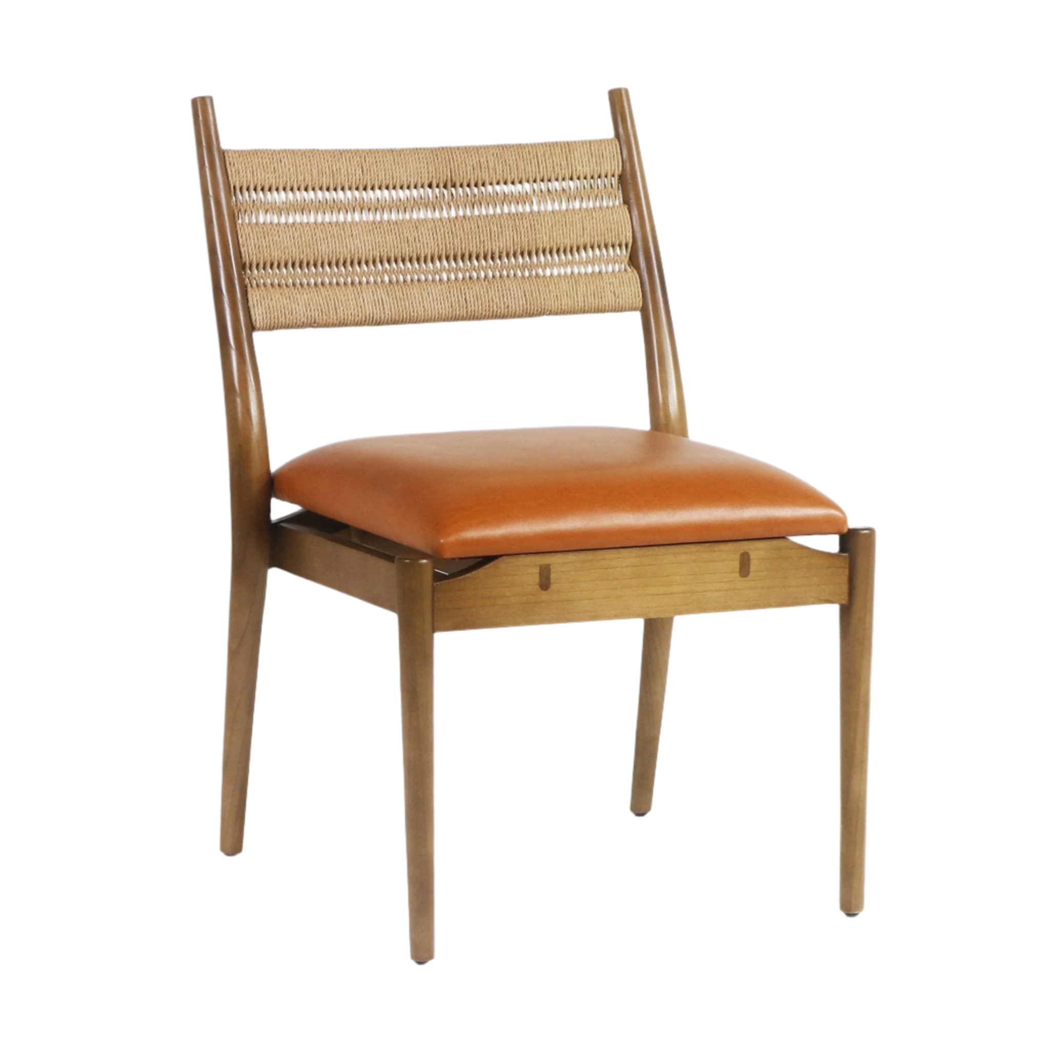 Armless side chair with a warm cognac faux leather seat, natural woven rope back and tapered light-wood frame, styled in a coastal-contemporary modern design.