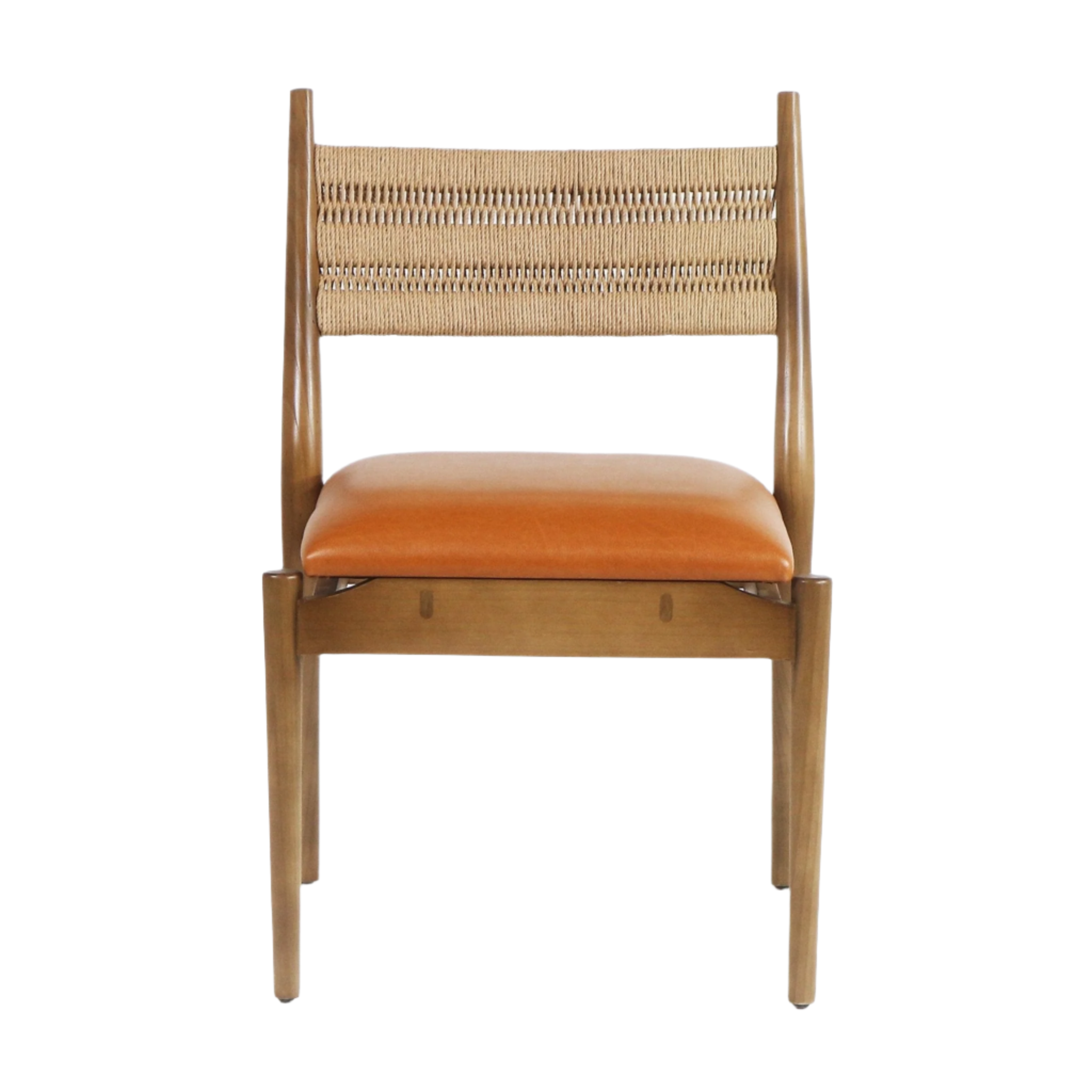 Front view of a coastal-style armless side chair with a woven rope back, natural wood frame and a tan faux-leather upholstered seat.
