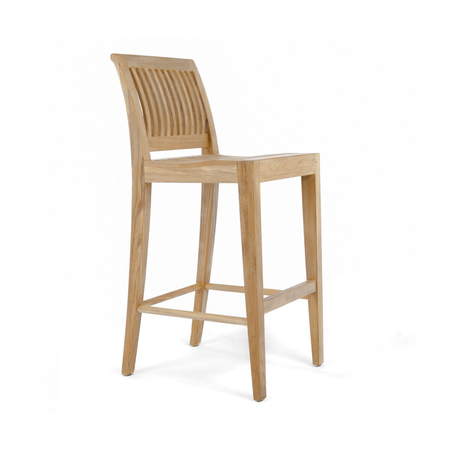 Natural teak armless outdoor bar stool with slatted curved back, square seat and tapered legs joined by a rectangular footrest, light natural finish in a coastal wooden design.