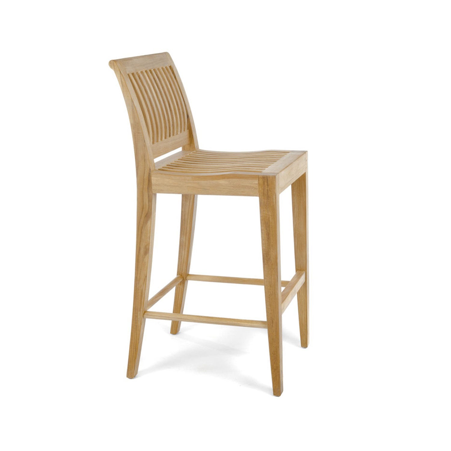 Natural teak armless outdoor bar stool with slatted curved seat and slatted back, tapered legs and integrated footrest in a coastal style on a white background.
