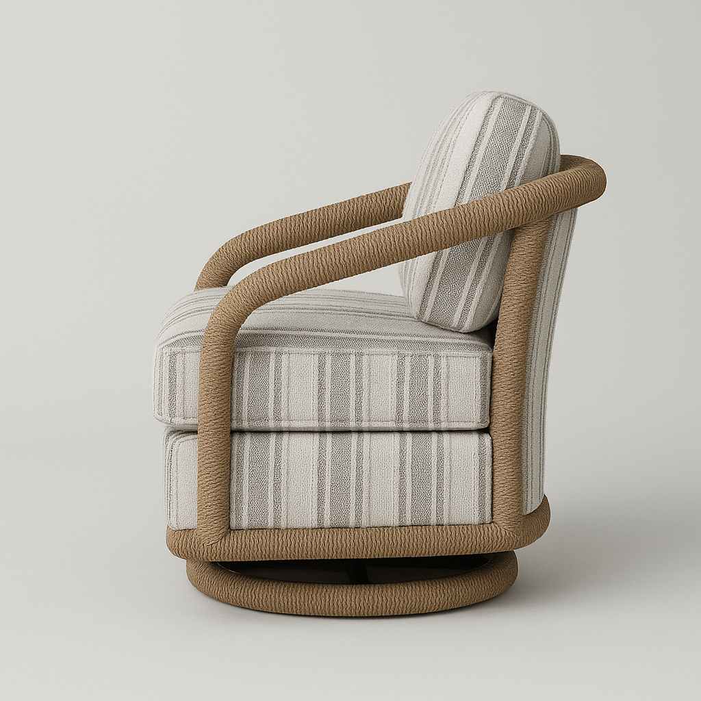 Side view of a coastal swivel lounge chair with a natural rope-wrapped frame and neutral striped gray-and-white fabric upholstery, rounded armrests and a circular swivel base.