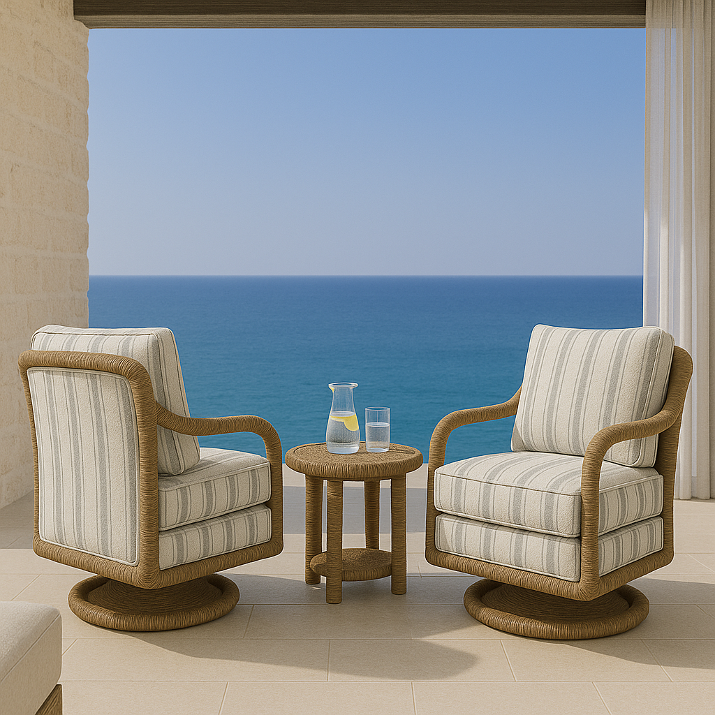 Two natural rope-wrapped swivel lounge chairs with neutral striped fabric cushions flank a small round rope side table holding a carafe and glass on a tiled patio, framed by sheer curtains with a blue ocean view beyond.