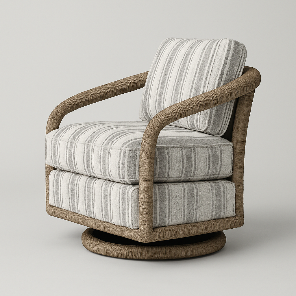 Striped gray-and-white fabric outdoor lounge chair with plush seat and back cushions, natural brown rope-wrapped frame and round swivel base in a coastal contemporary style.