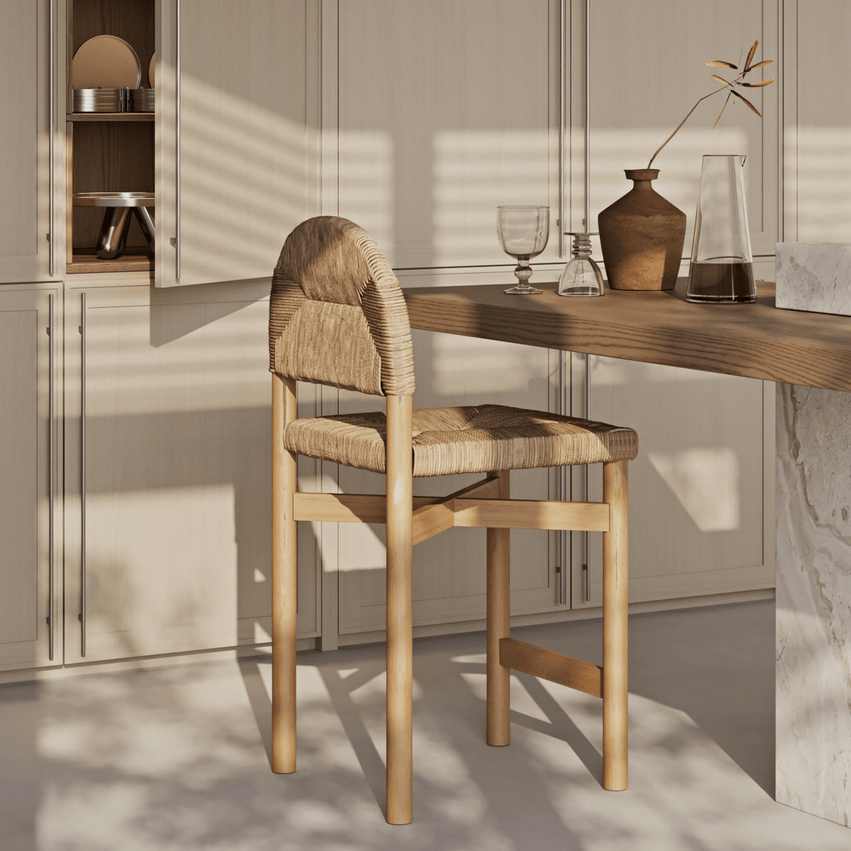 Sarande Counter Stool In Teak And Seagrass - INTERIORTONIC