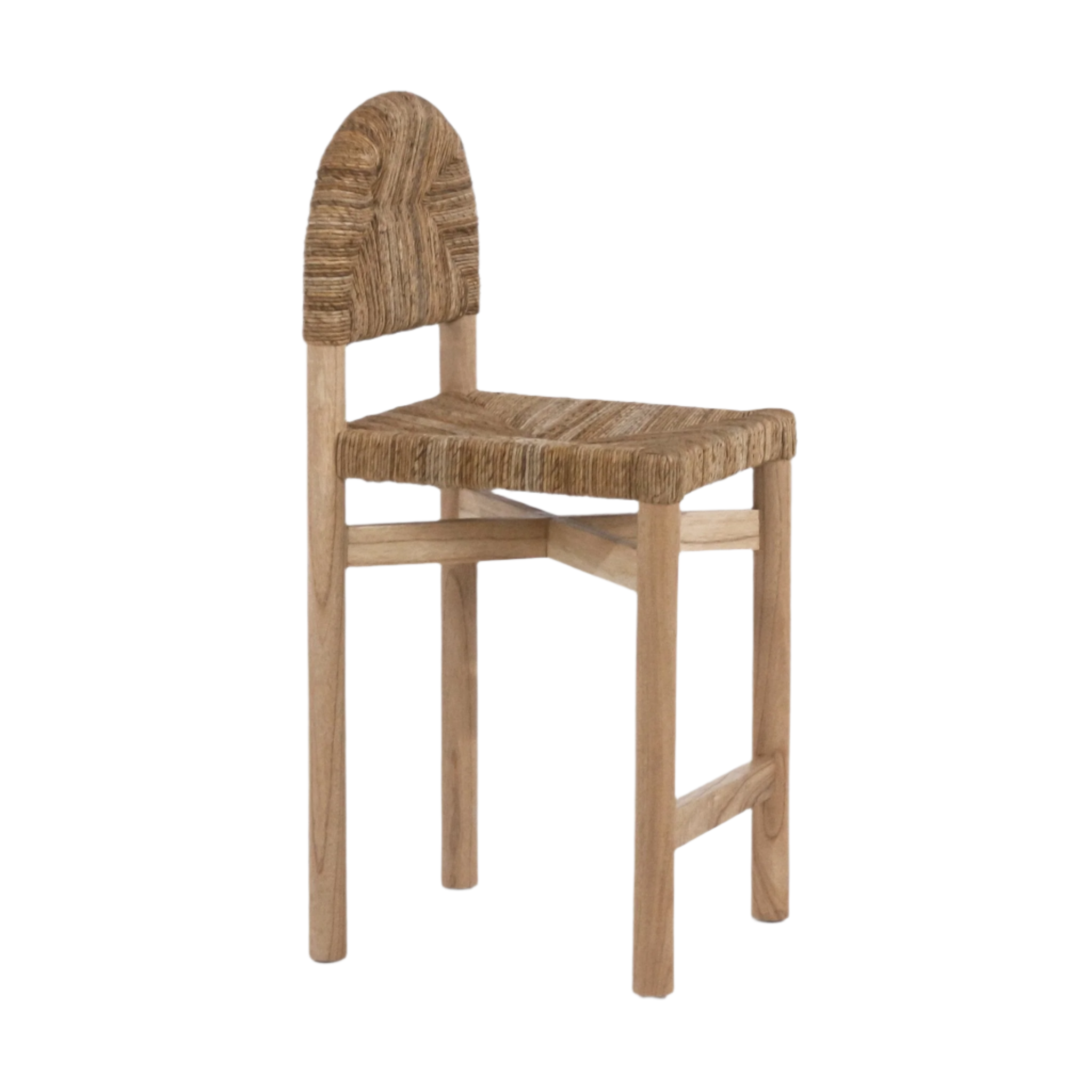 Counter-height stool with a natural teak wood frame and woven seagrass seat and rounded back, coastal style in light natural teak tones.