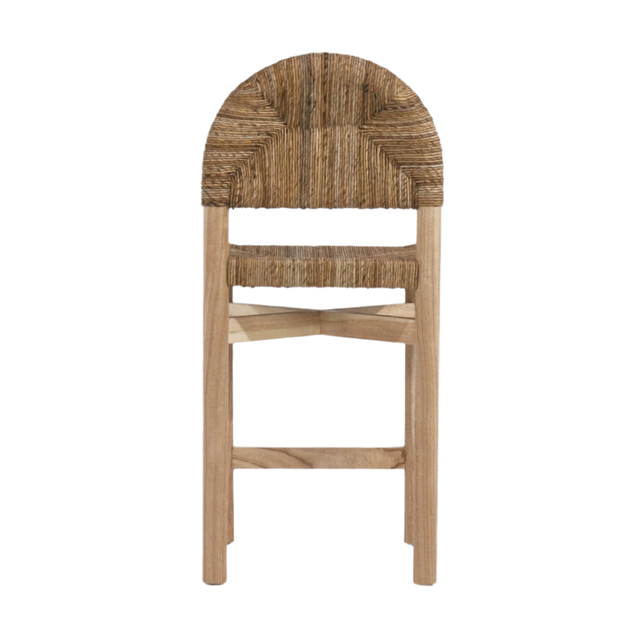 Front view of a counter-height stool with a natural teak frame and woven seagrass seat and arched back, featuring a cross-stretcher footrest and light wood finish in a neutral coastal style.