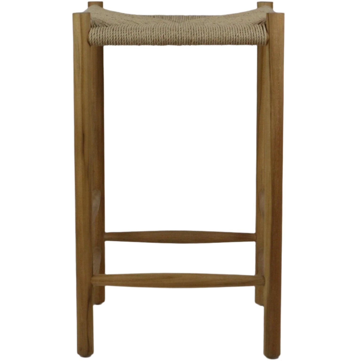 Front view of a modern natural solid wood bar stool with a woven beige rope seat, backless frame and two rounded horizontal footrest rails.