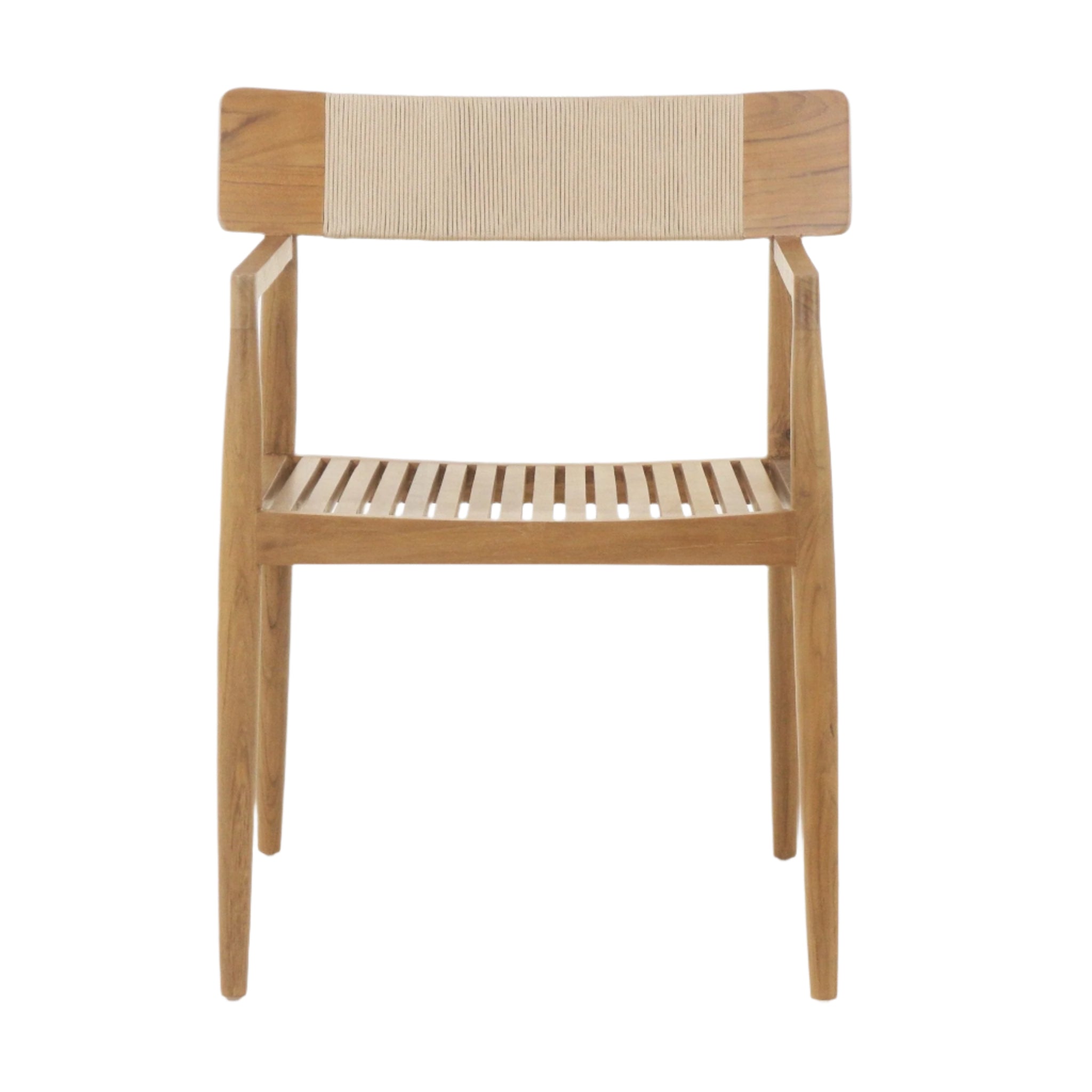 Front view of a natural teak outdoor dining chair with slatted wooden seat, tapered legs, slim arms and a beige woven rope back panel in a coastal mid-century modern style.