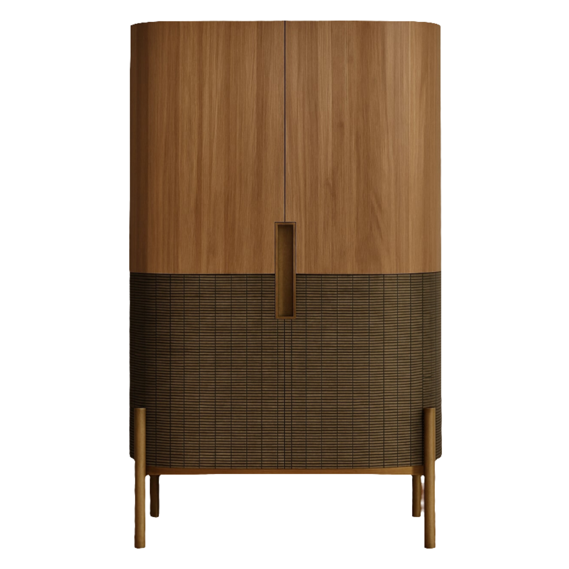 Tall modern closet with smooth oak upper doors and a woven seagrass-wrapped lower section, featuring a centered recessed vertical handle and slender oak legs in a natural oak finish.