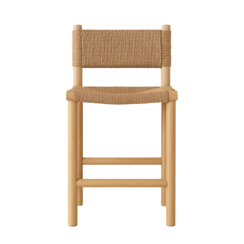 Armless teak bar stool with natural woven fiber seat and back, rounded teak legs and dual footrest bars in a coastal modern-farmhouse style, finished in a warm natural teak tone suitable for outdoor use.