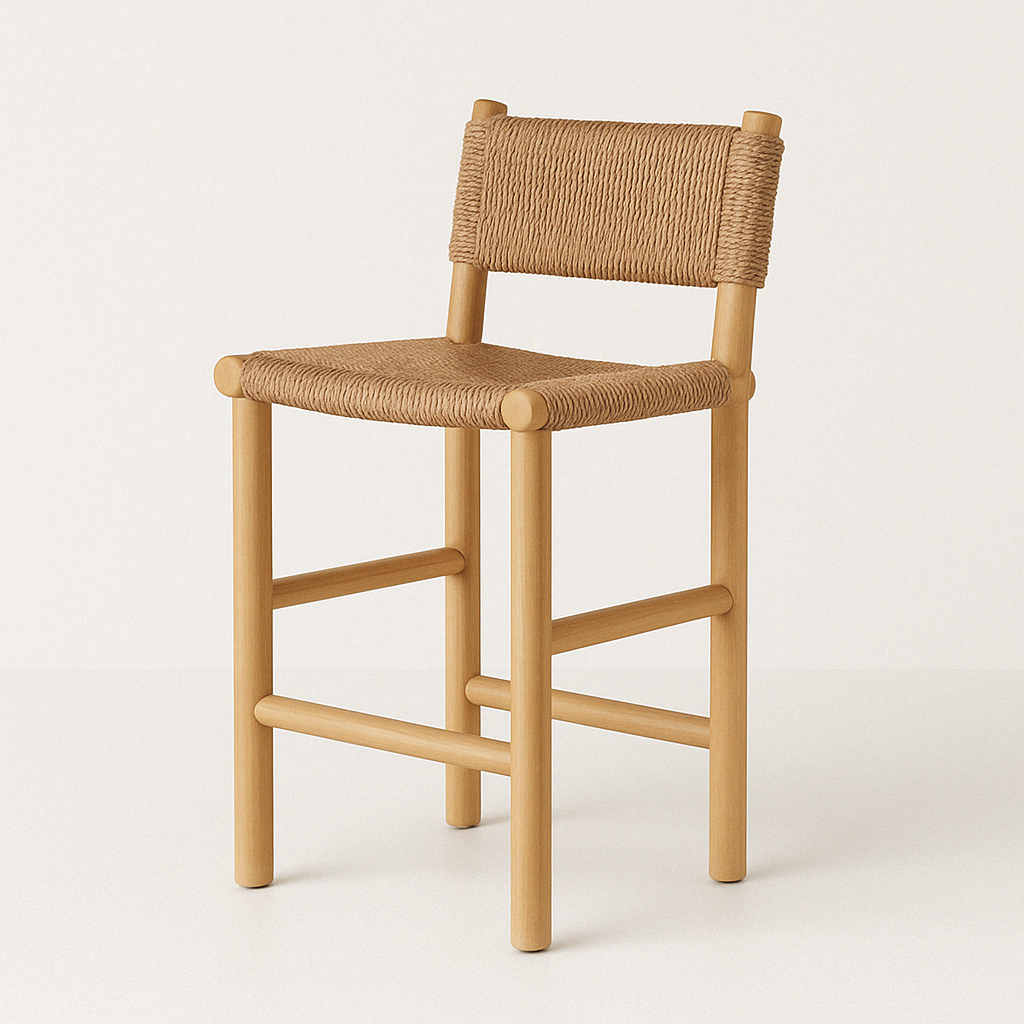 Armless teak outdoor bar stool with a natural wood frame and woven fiber rope seat and back, featuring round legs and horizontal footrests in a coastal-modern style.