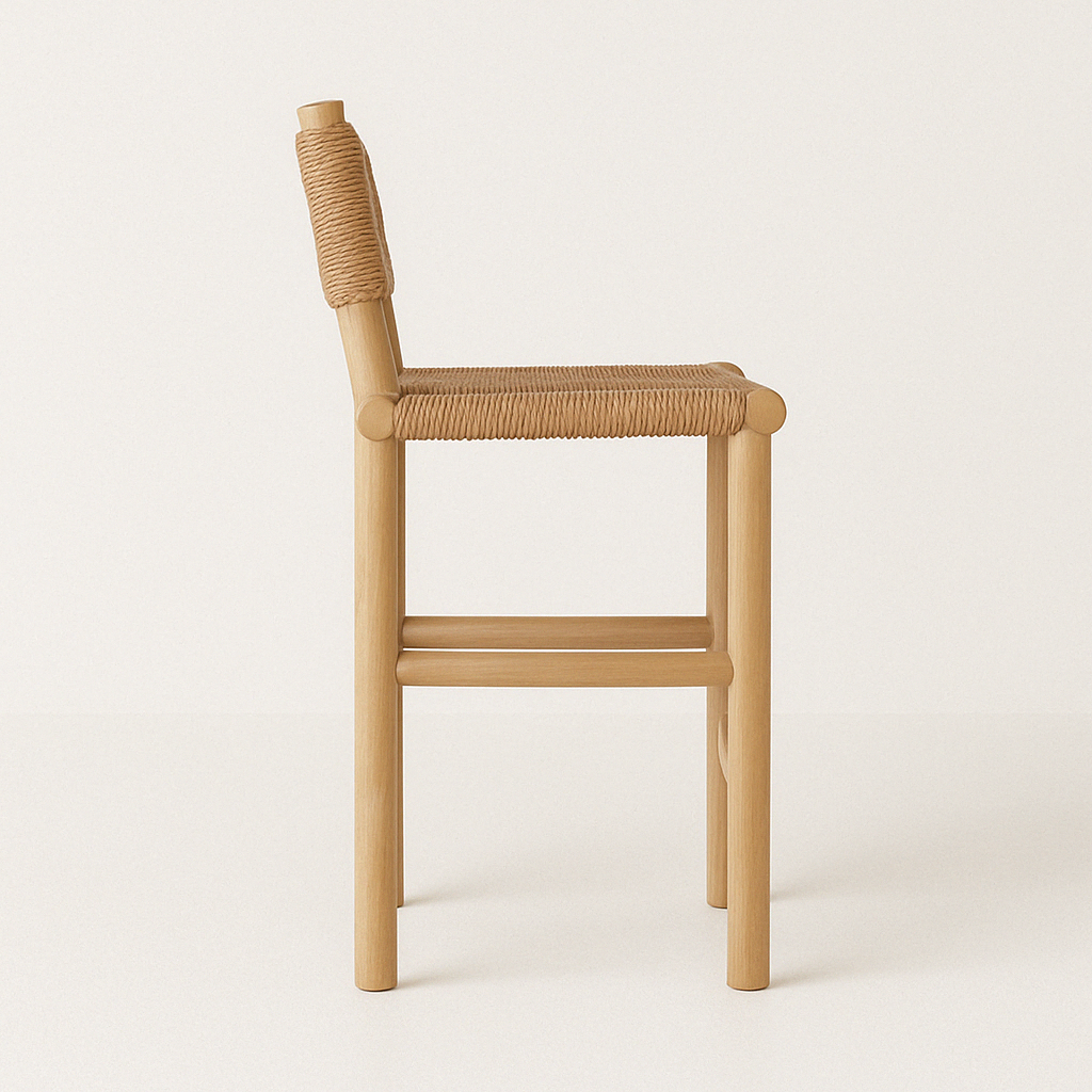 Side view of an armless outdoor bar stool in natural teak with a woven fiber seat and rope-wrapped backrest, featuring round legs and a built-in footrest on a neutral background.
