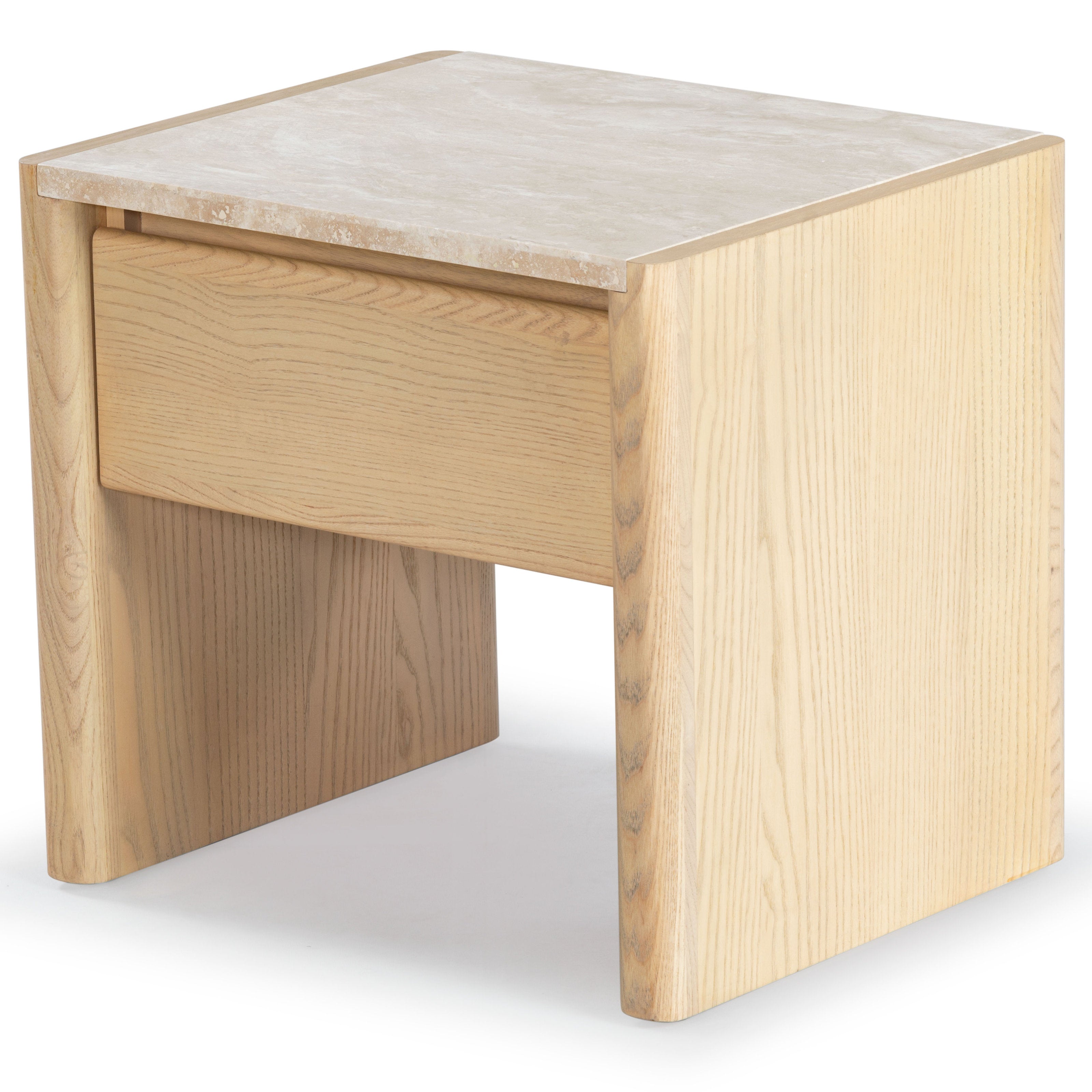 Modern natural wood nightstand with a light beige marble top, integrated single drawer and rounded side panels shown on a white background.