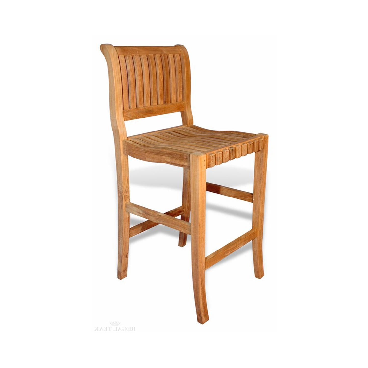 Armless coastal teak outdoor bar stool with a curved slatted back, contoured slatted seat, natural teak finish solid wood frame and a front crossbar footrest.
