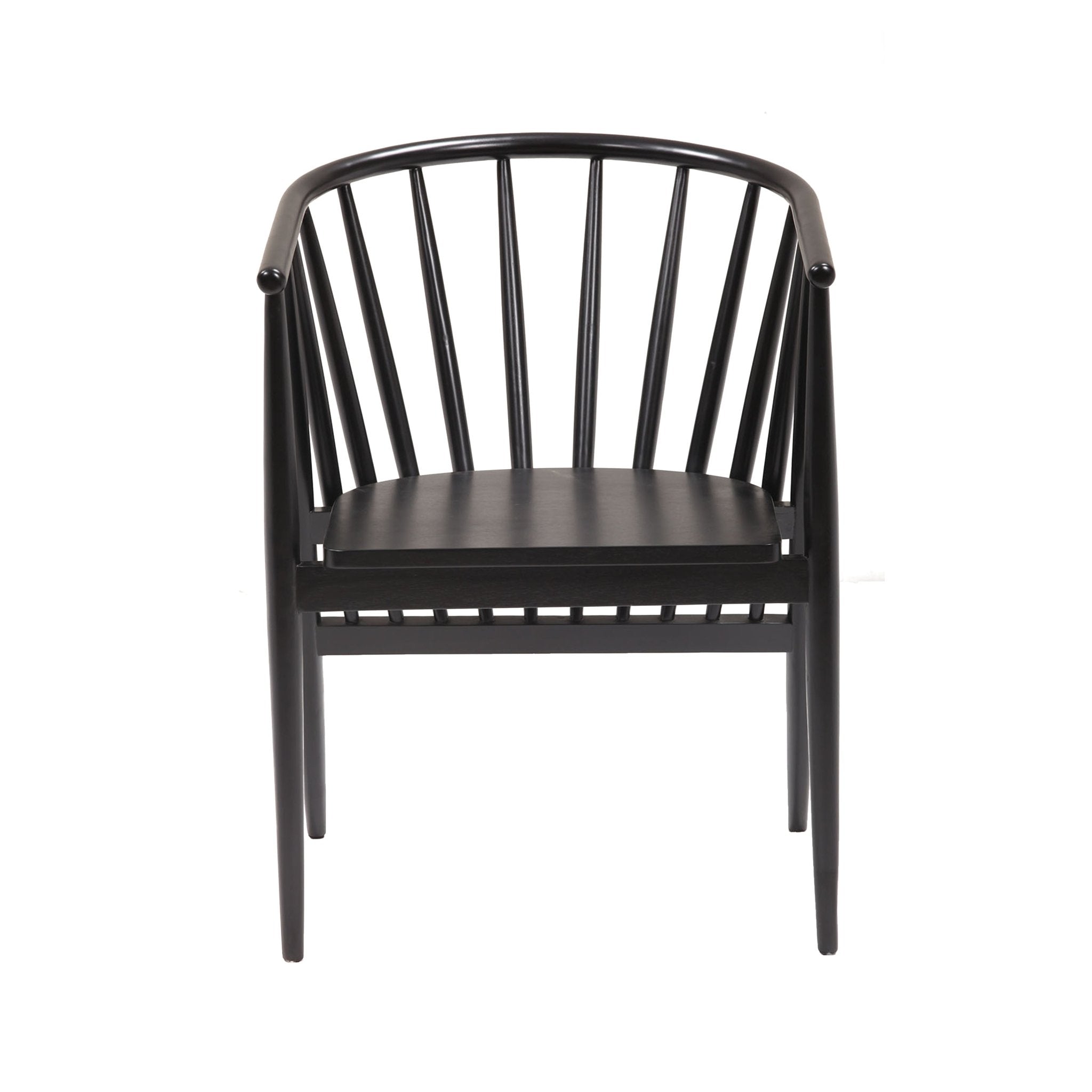 Front view of a black-finish teak dining chair with tapered legs, curved armrail and vertical spindle back in a mid-century modern style.