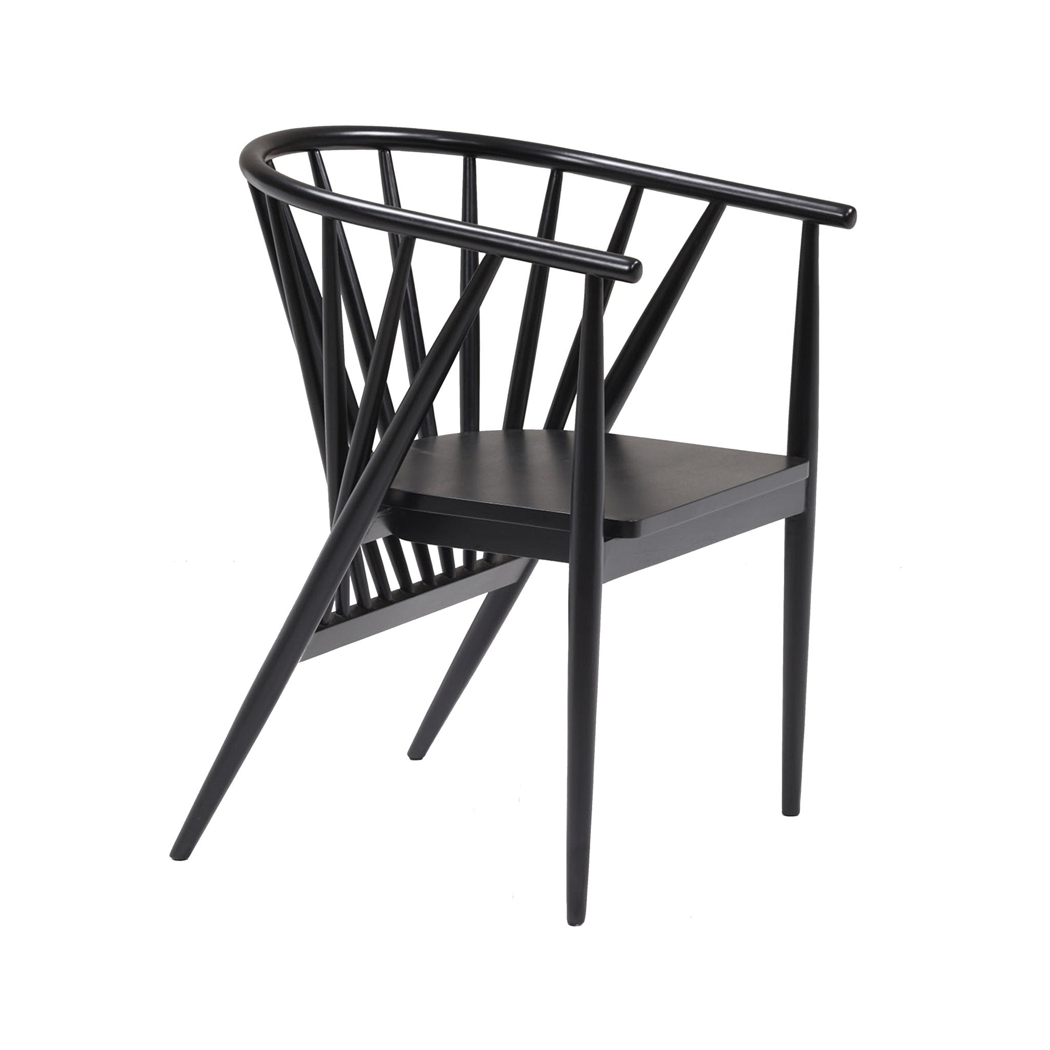 Mid-century modern solid wood dining chair in a black gloss finish with a curved spindle back, rounded arm rail, flat wooden seat, and tapered angled legs.