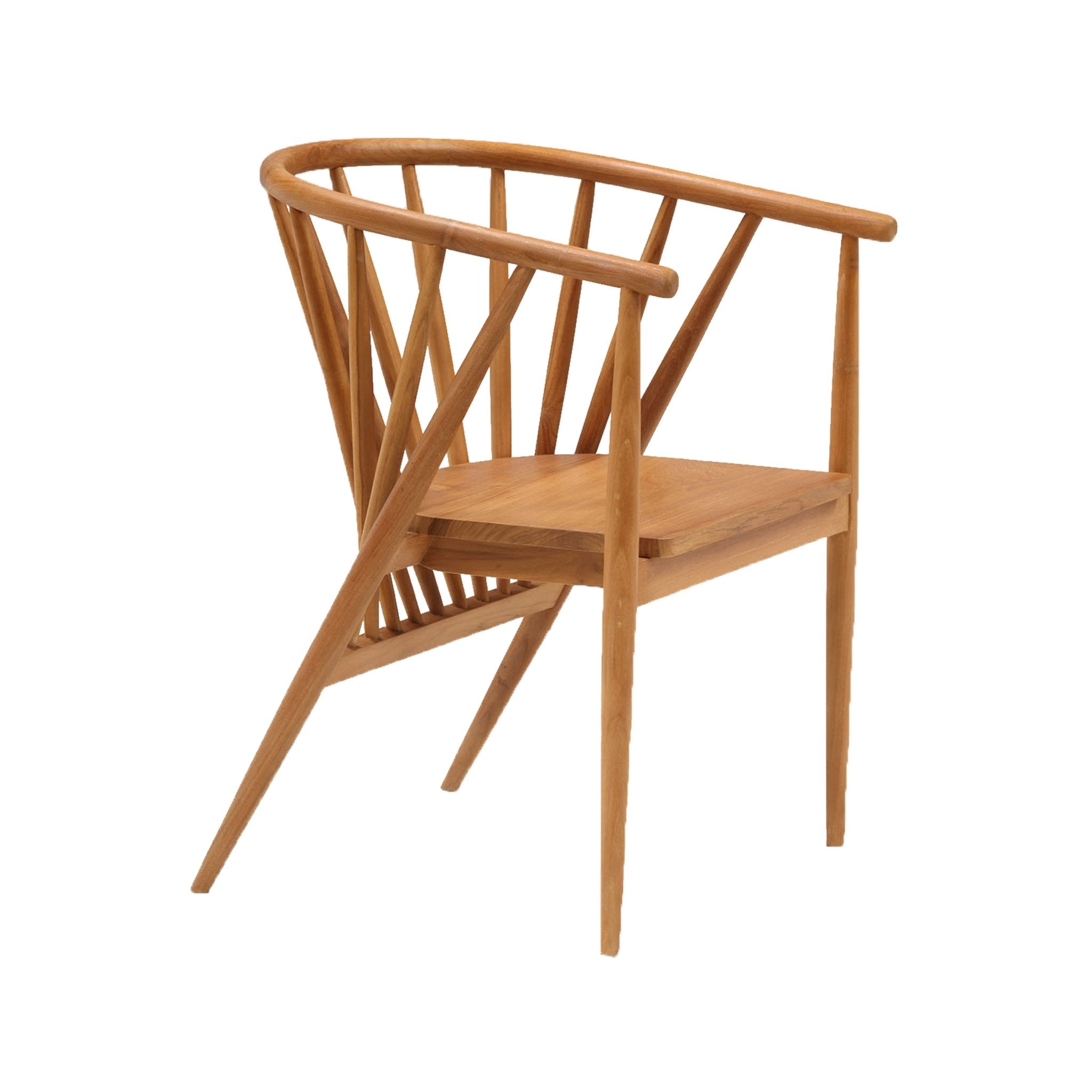 Three-quarter view of a natural teak Shaker-style dining chair with a rounded top rail, slender spindle back, integrated armrests and a solid wood seat on tapered angled legs.