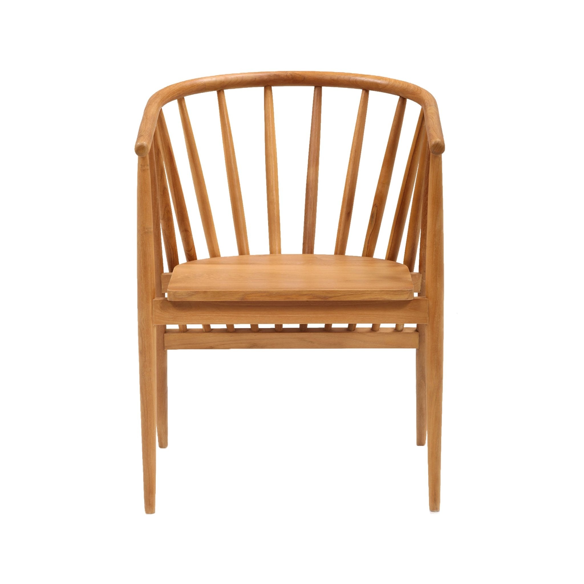 Front view of a Shaker-style teak dining chair with a curved top rail, vertical spindle back and integrated arms, solid wood seat and tapered legs in a warm natural teak finish.