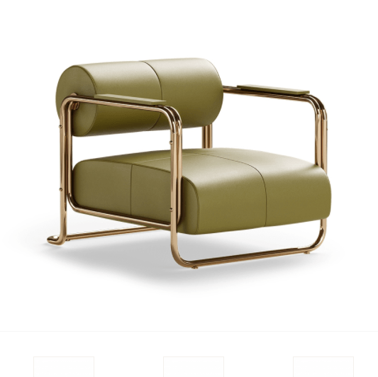 Olive-green faux leather loft chair with a low wide seat and cylindrical back cushion, mounted on a polished brass-finish tubular metal frame with minimalist armrests and open sides.