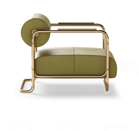 Side view of a modern olive-green faux-leather upholstered loft chair with a cream top cushion, cylindrical bolster back, and polished brass tubular metal frame.