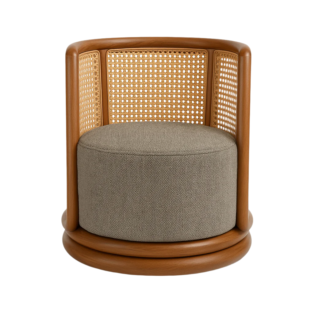 Front view of a boho-style swivel accent chair with a rounded natural wood frame and woven cane back, a neutral taupe fabric round seat cushion, and a low circular swivel base.