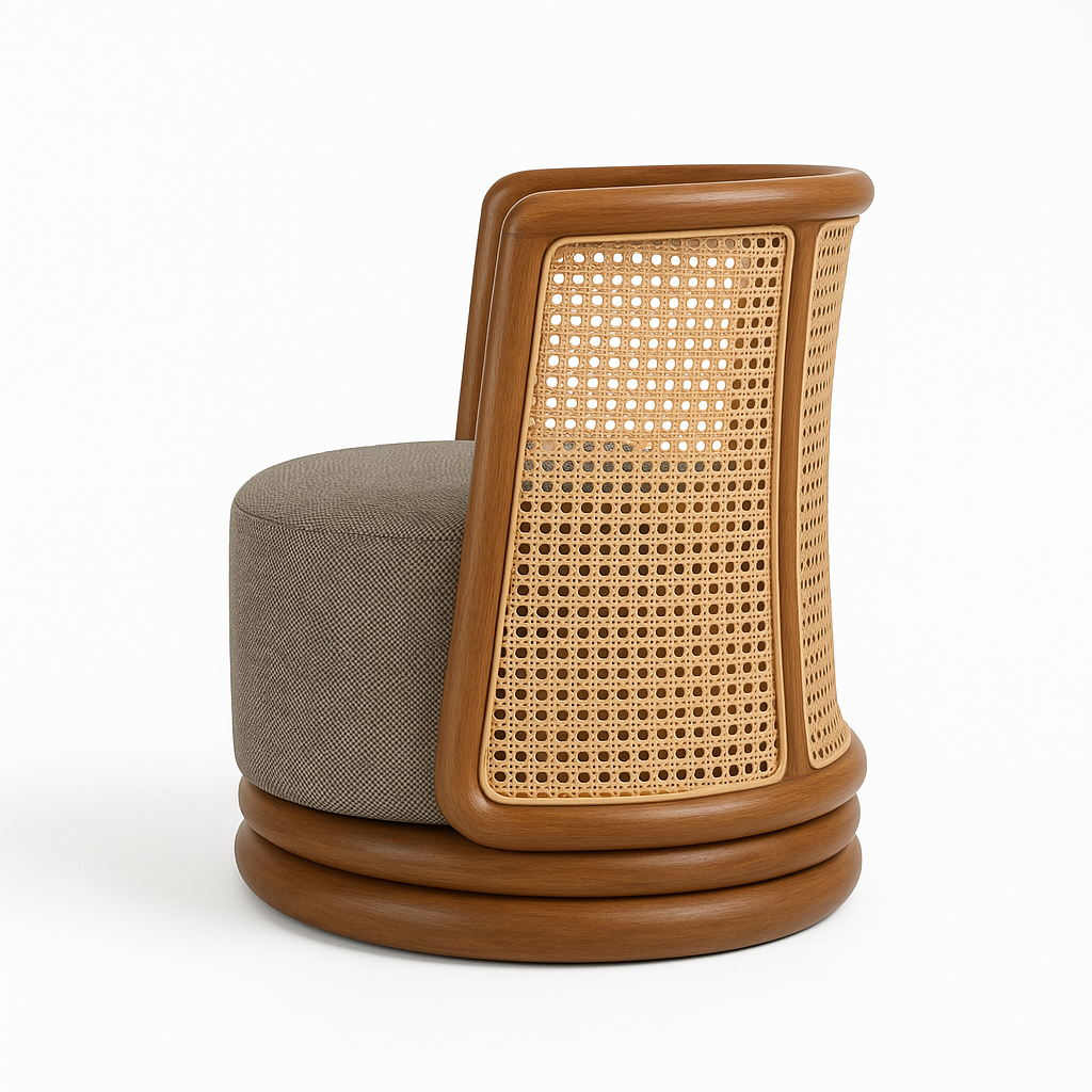 Side view of a boho-inspired swivel accent chair with woven rattan cane back, curved natural wood frame and round neutral brown fabric-upholstered seat on a stacked circular wood base.